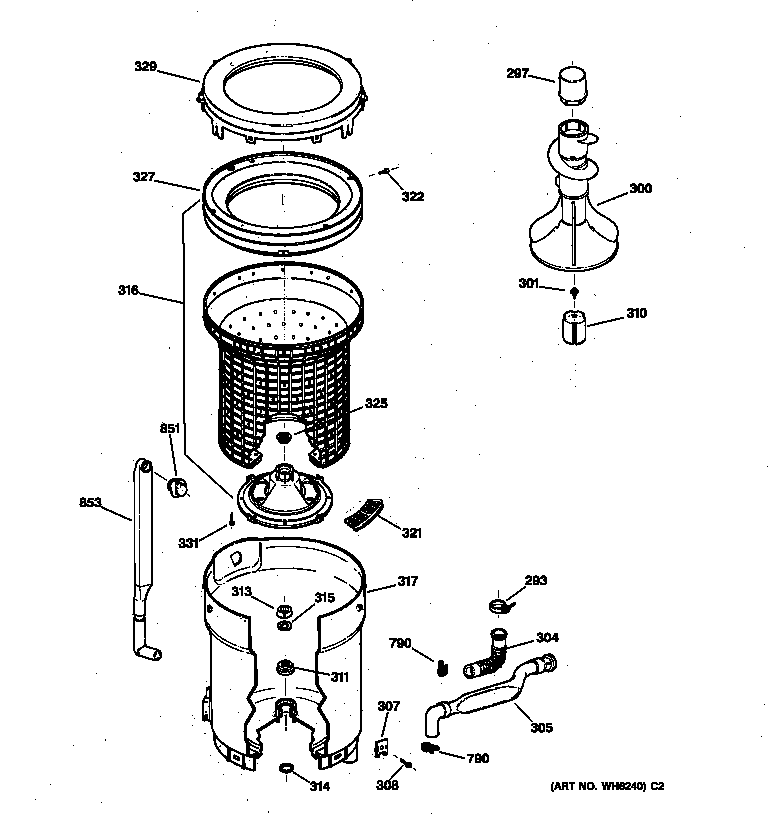 GE WMSR2100T6WW tub, basket & agitator diagram