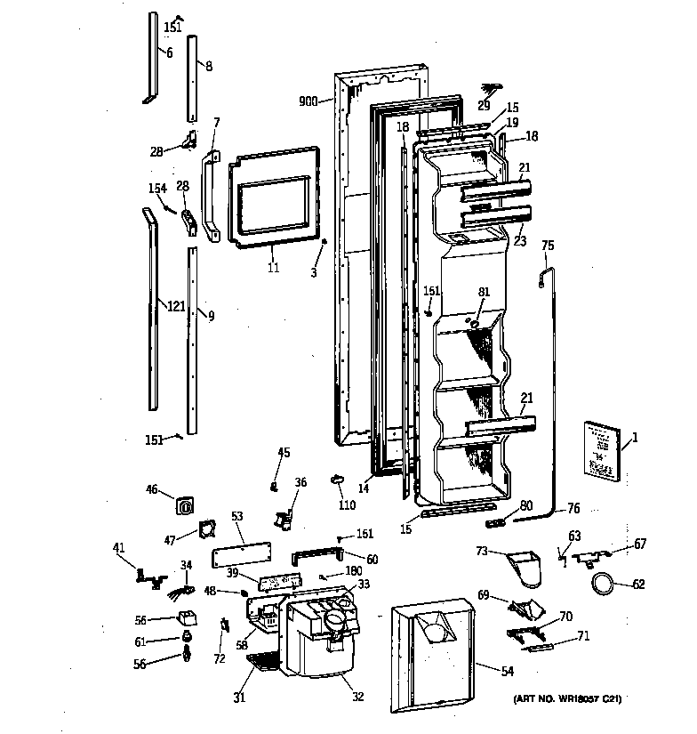 GE TFT25PRYFAA freezer door diagram
