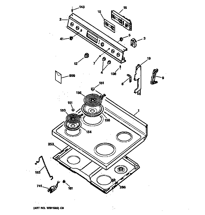 GE JBP24DY1 control panel & cooktop diagram