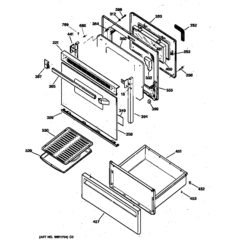 GE JBP24DY1 door & drawer parts diagram