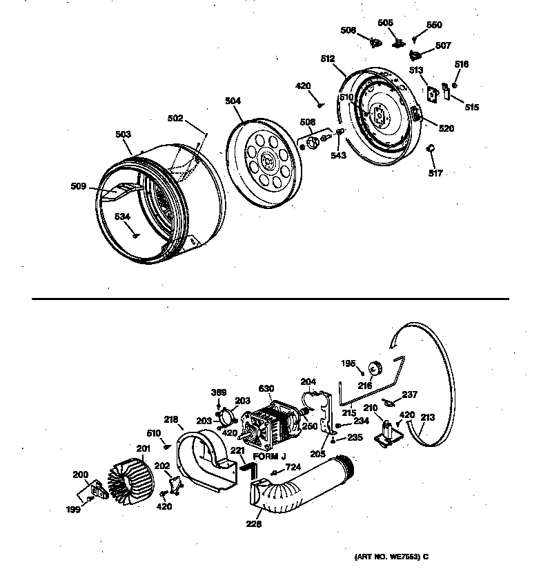 GE DLLR113ET1WB drum, heater asm., blower & drive assembly diagram