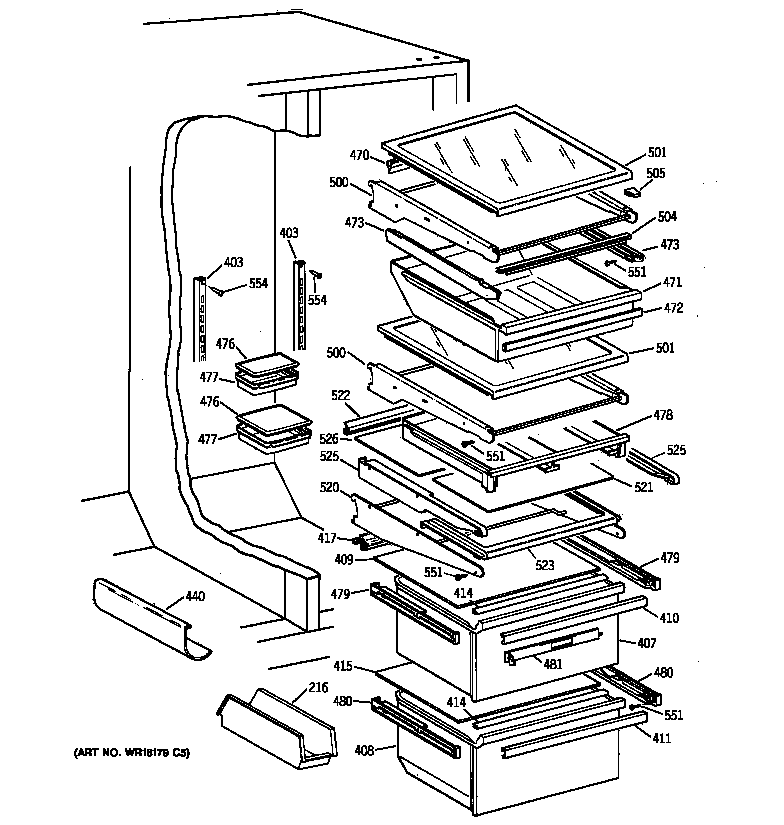 GE CSK27PFZBWW fresh food shelves diagram