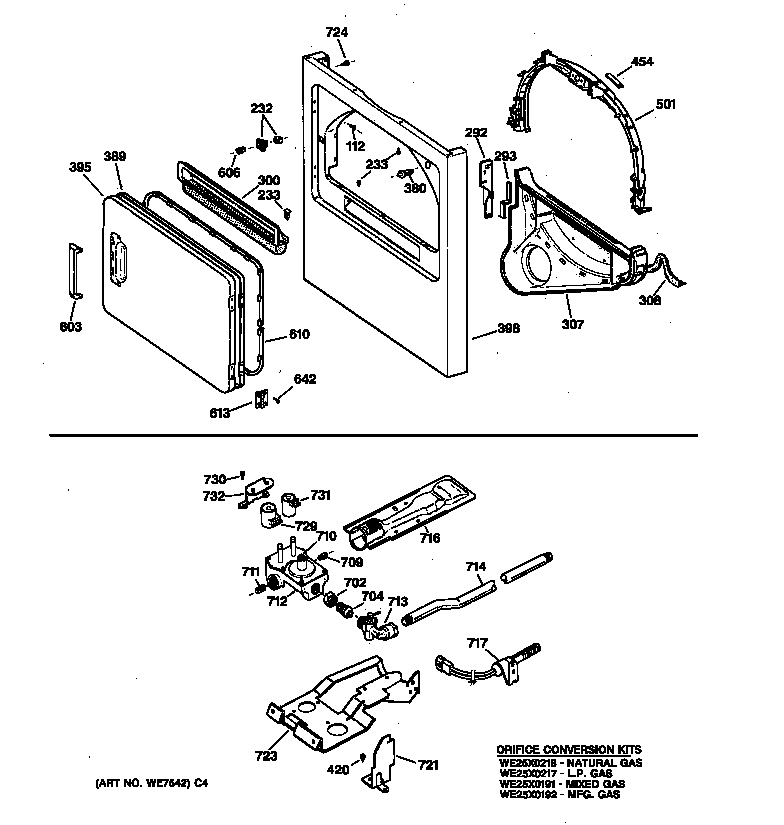 GE DBLR333GT1WW cabinet front, gas valve & burner asm. diagram