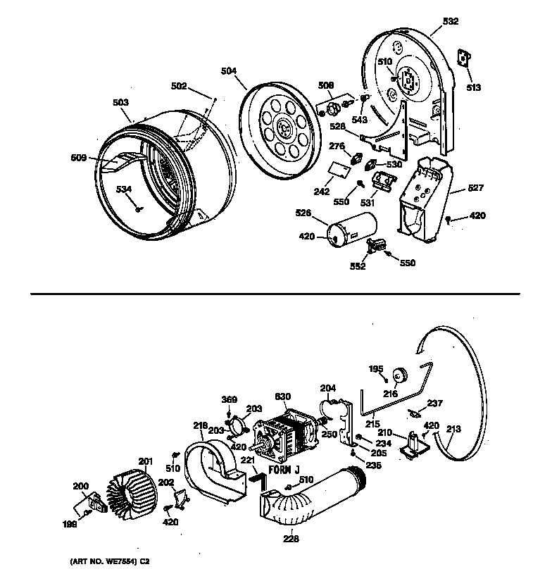 GE DBLR333GT1WW drum, duct, blower & drive asm. diagram