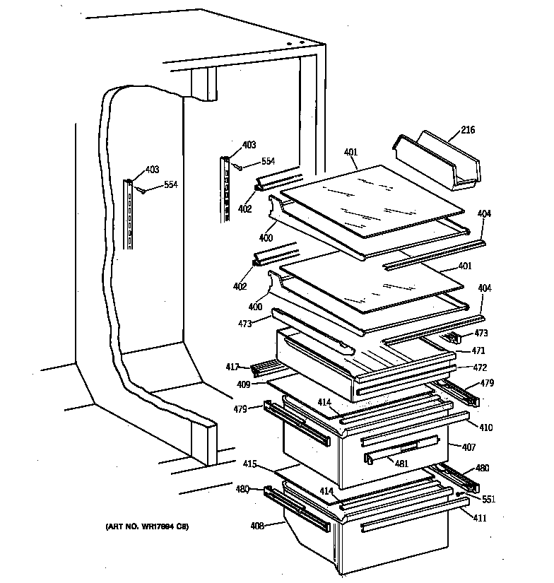 GE CSK27DHZBAA fresh food shelves diagram