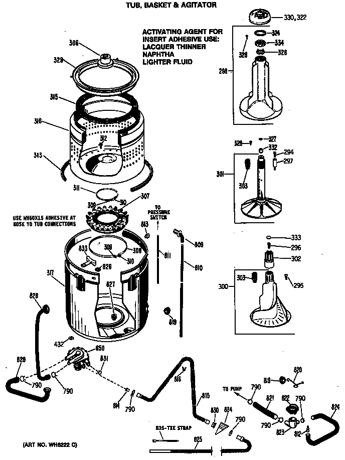 GE WRW3705RBL tub, basket & agitator diagram