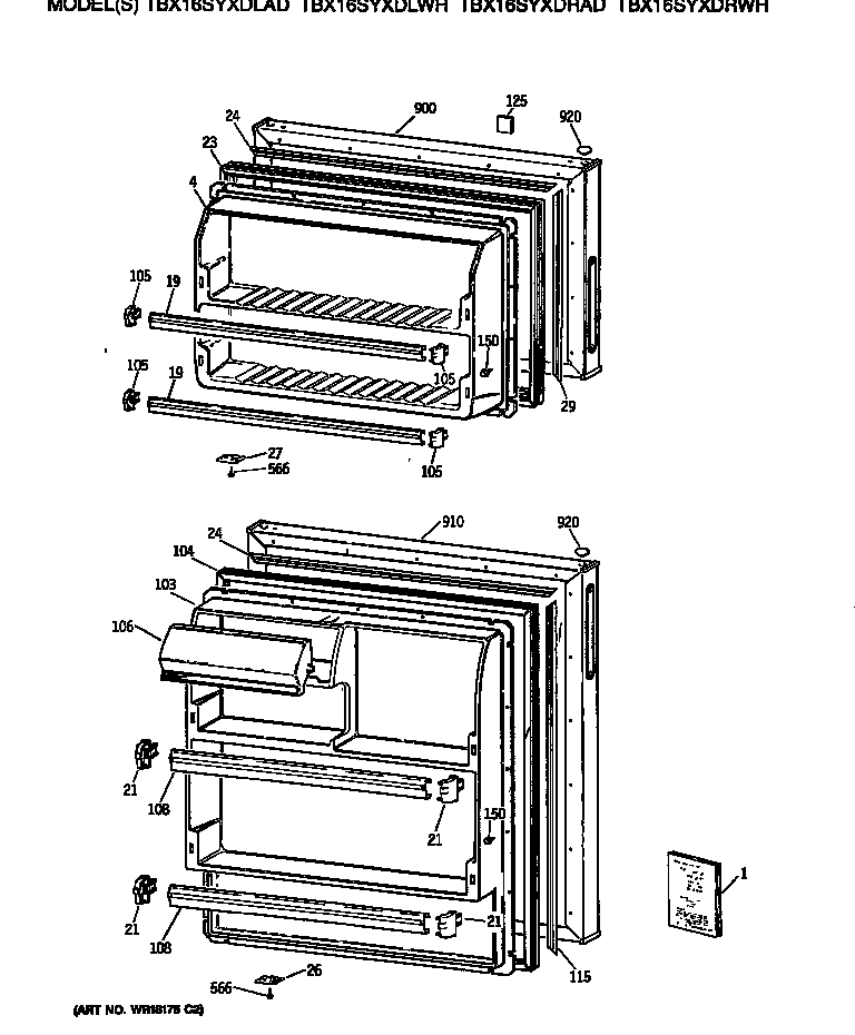 GE TBX16SYXDLWH doors diagram