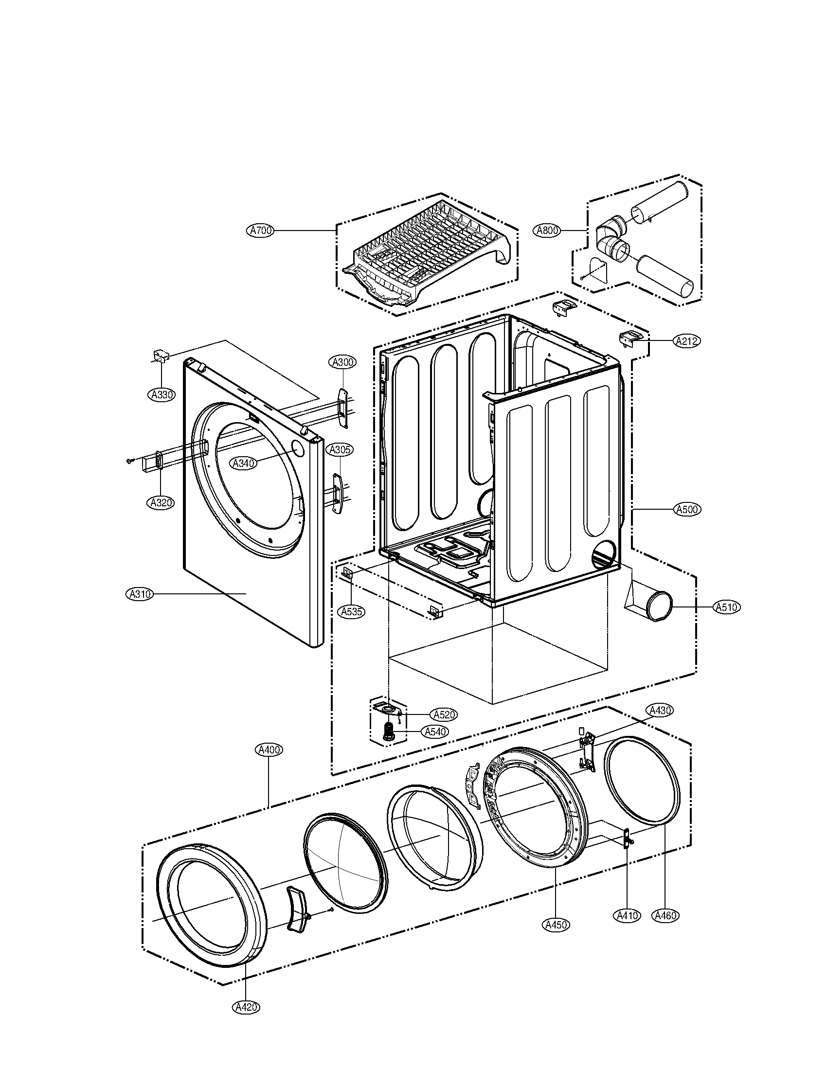 LG DLE2532W cabinet and door assembly diagram