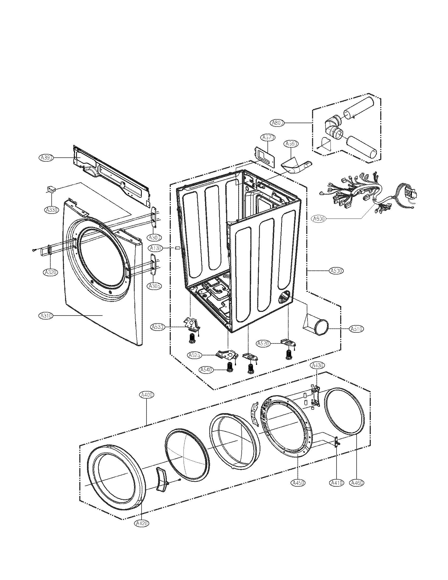 LG DLE2101W cabinet and door parts diagram