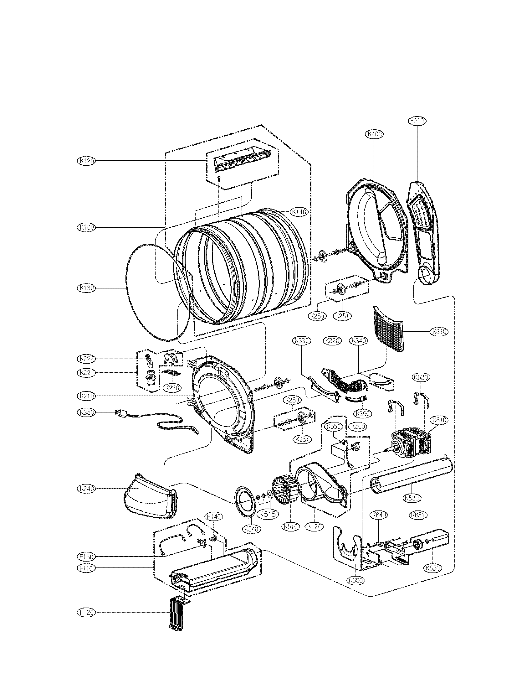 LG DLE2301R drum and motor parts diagram