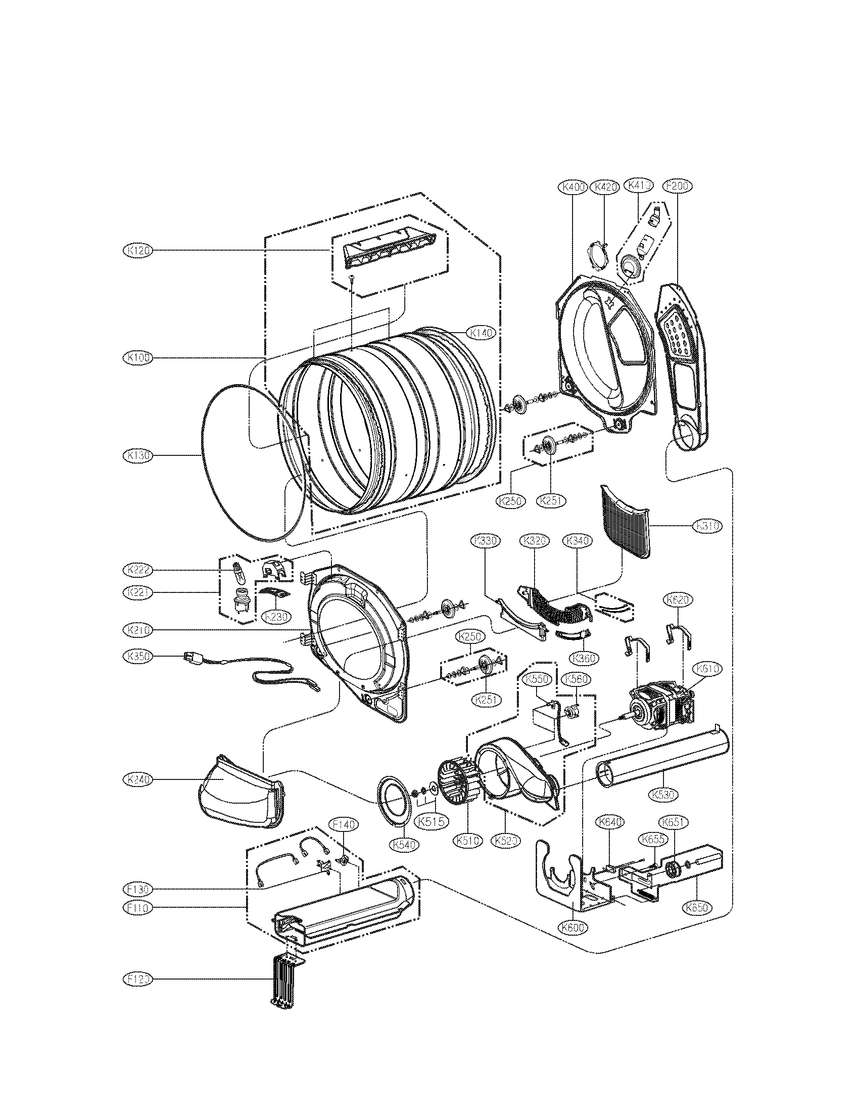 LG DLEX2501W drum and motor parts diagram