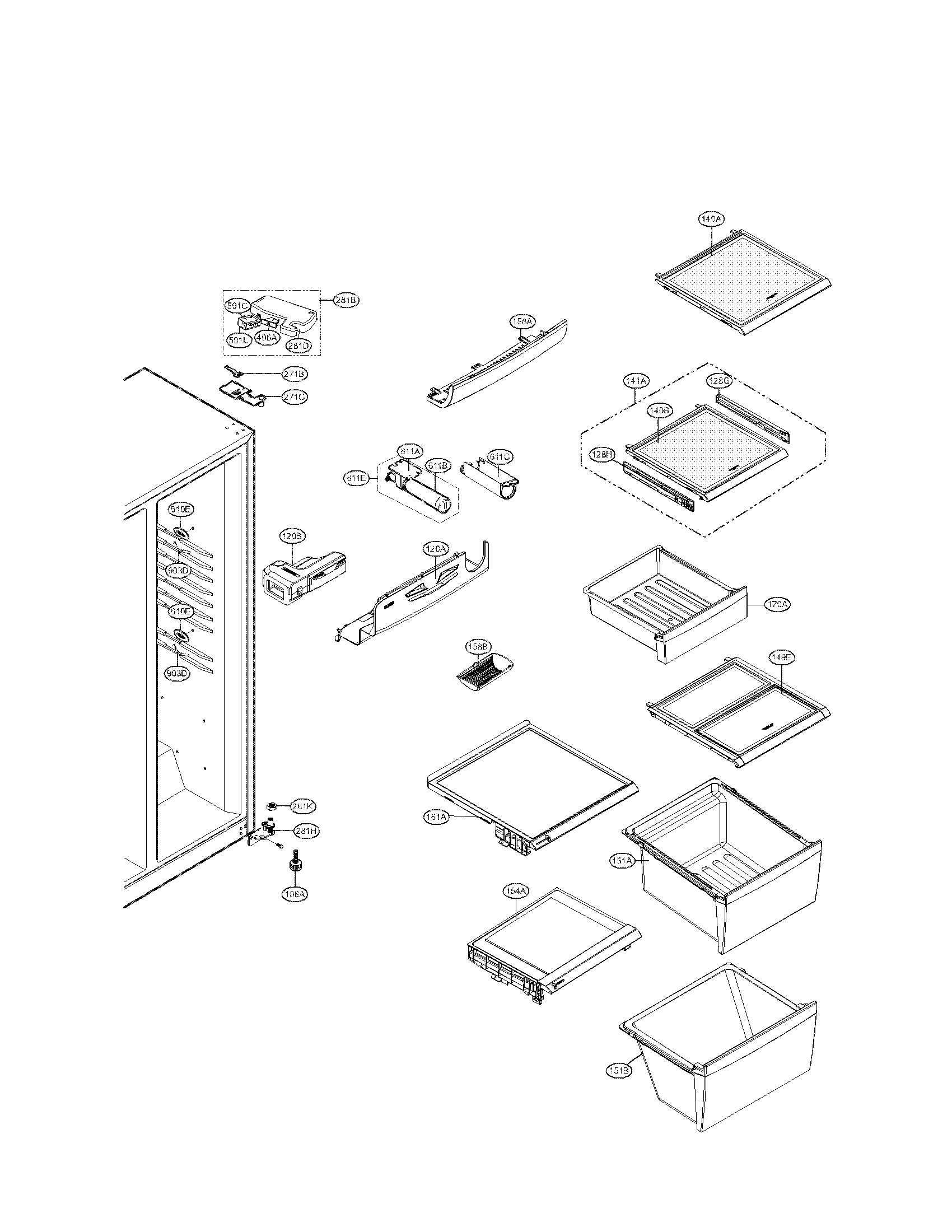 Kenmore Elite 79551379010 refrigerator compartment parts diagram