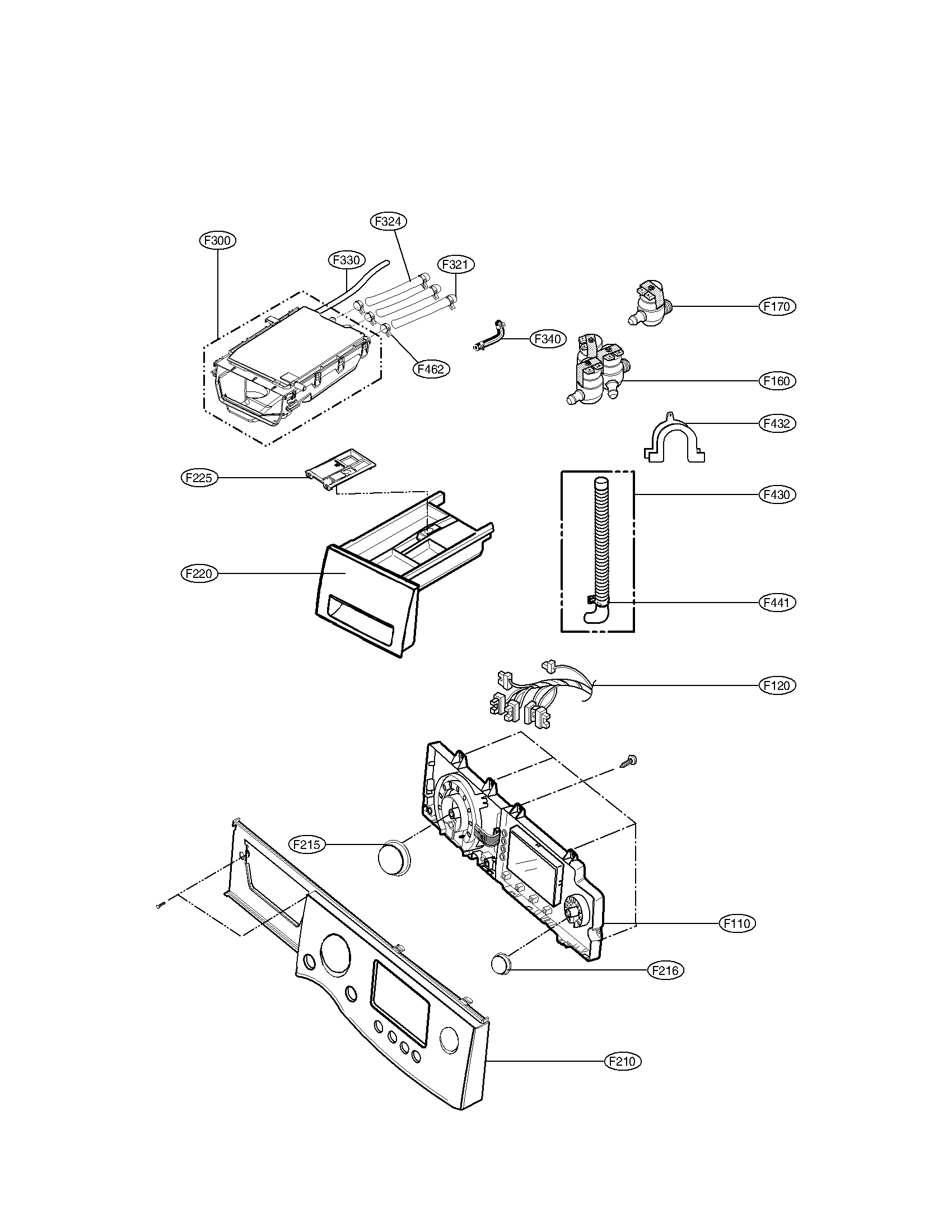 LG WM3455HW control panel and dispenser parts assembly diagram