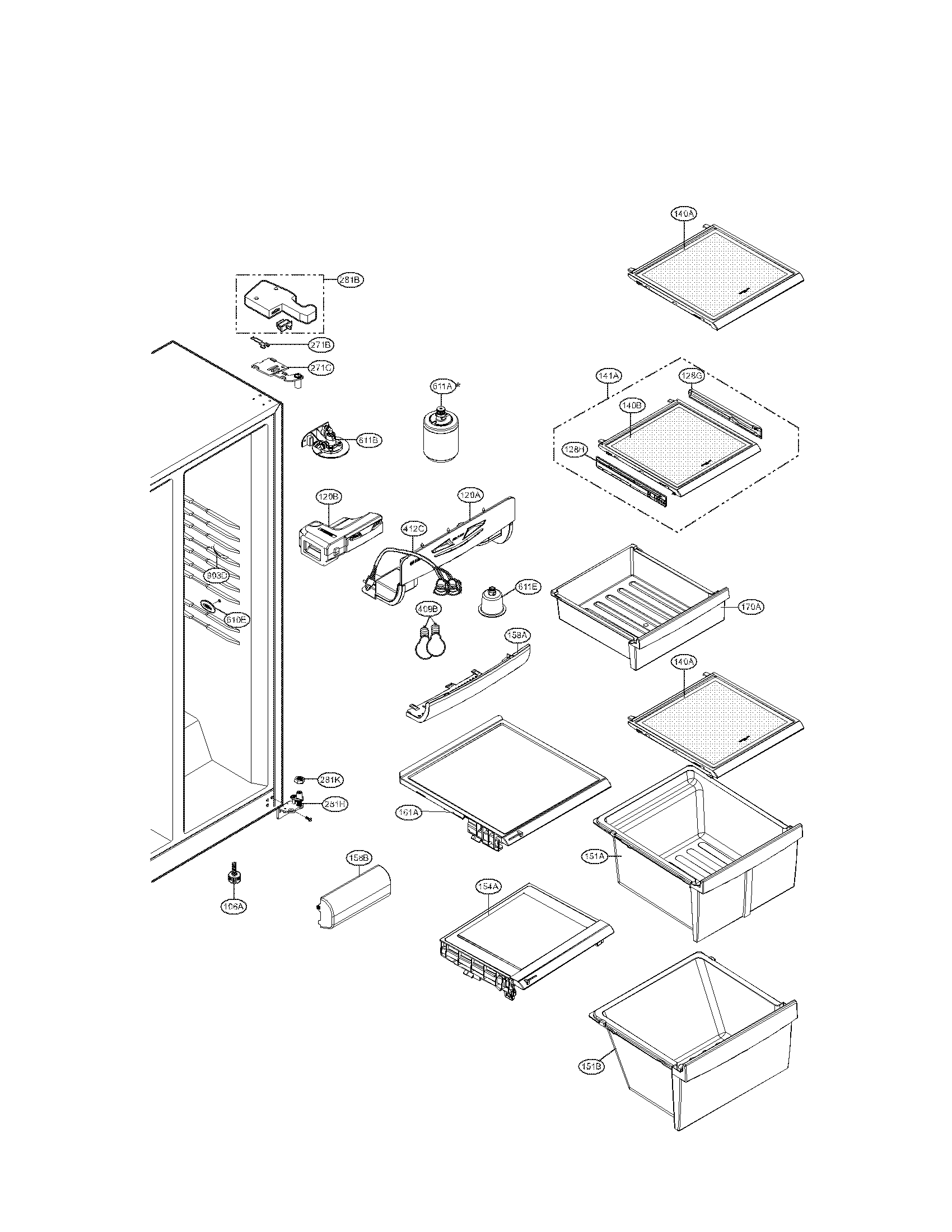 Kenmore 79551016011 refrigerator compartment parts diagram
