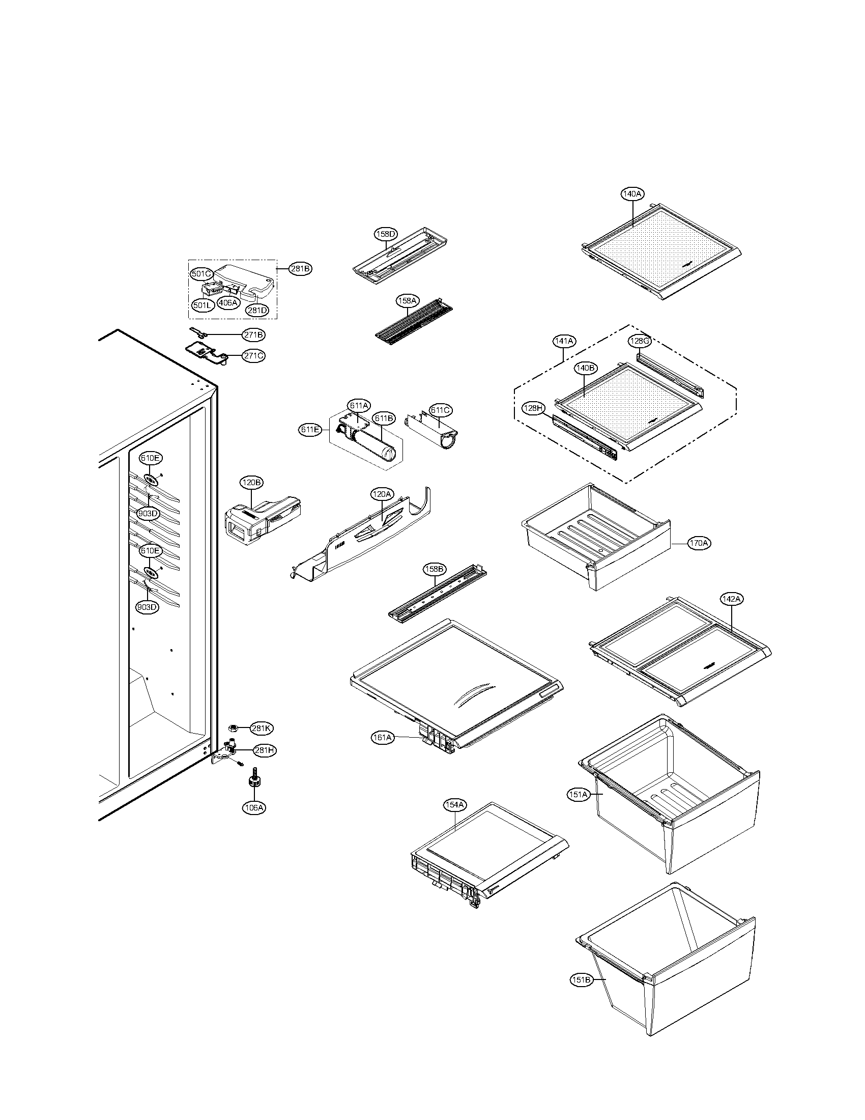 Kenmore Elite 79551093010 refrigerator compartment parts diagram