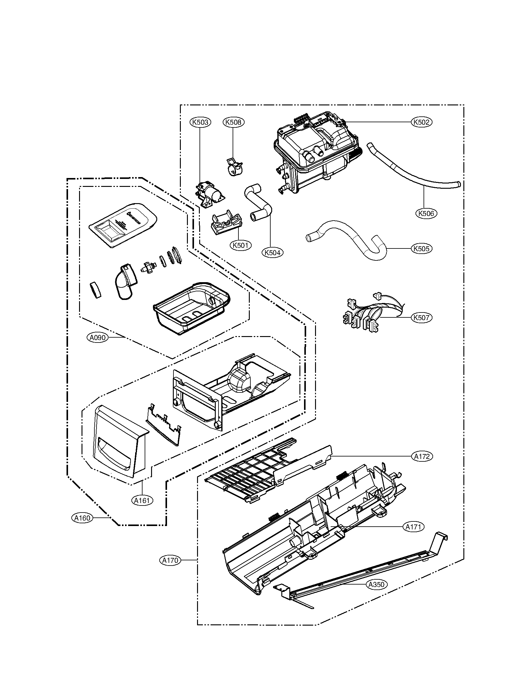 LG DLGX3361V panel drawer assembly and guide assembly parts diagram