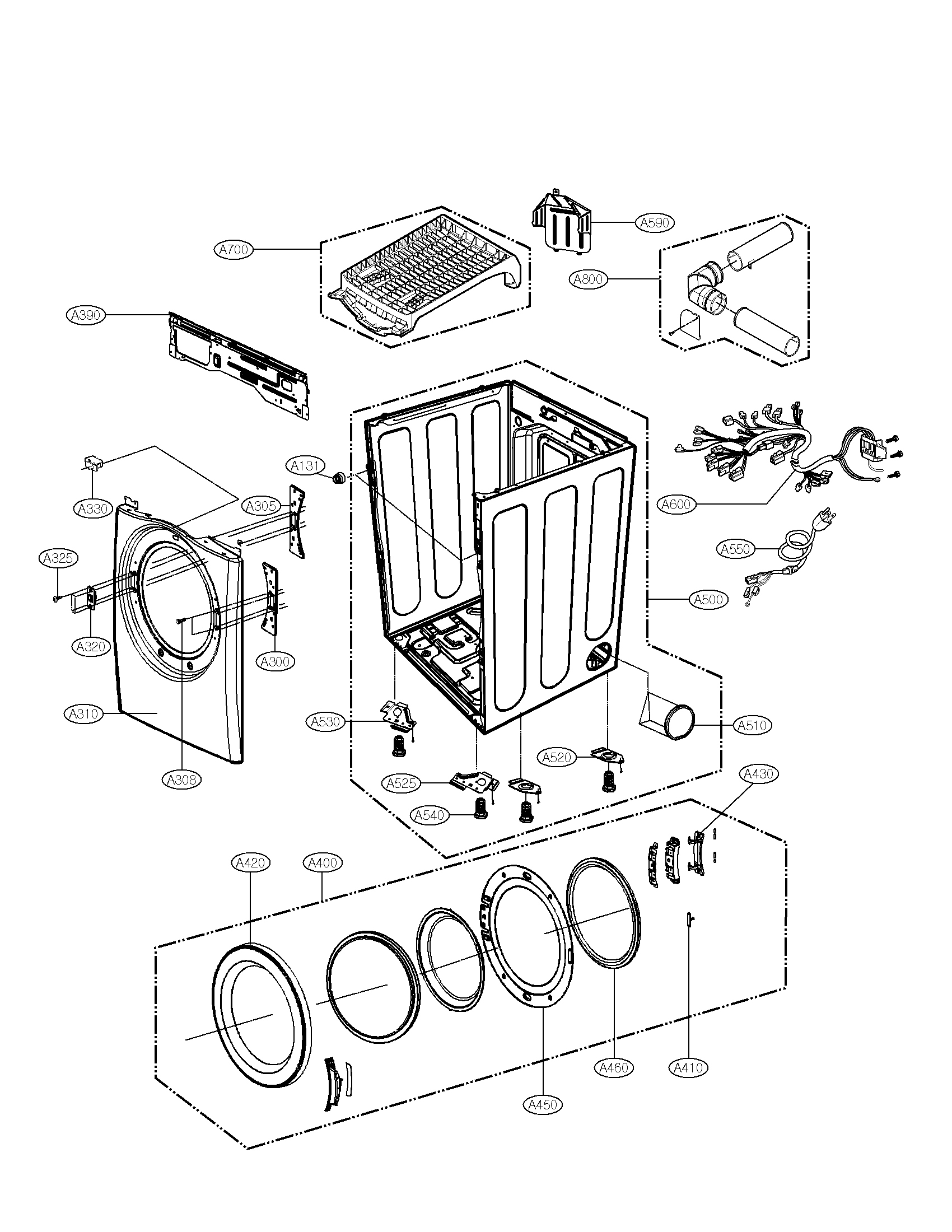 LG DLGX3361V cabinet and door assembly parts diagram