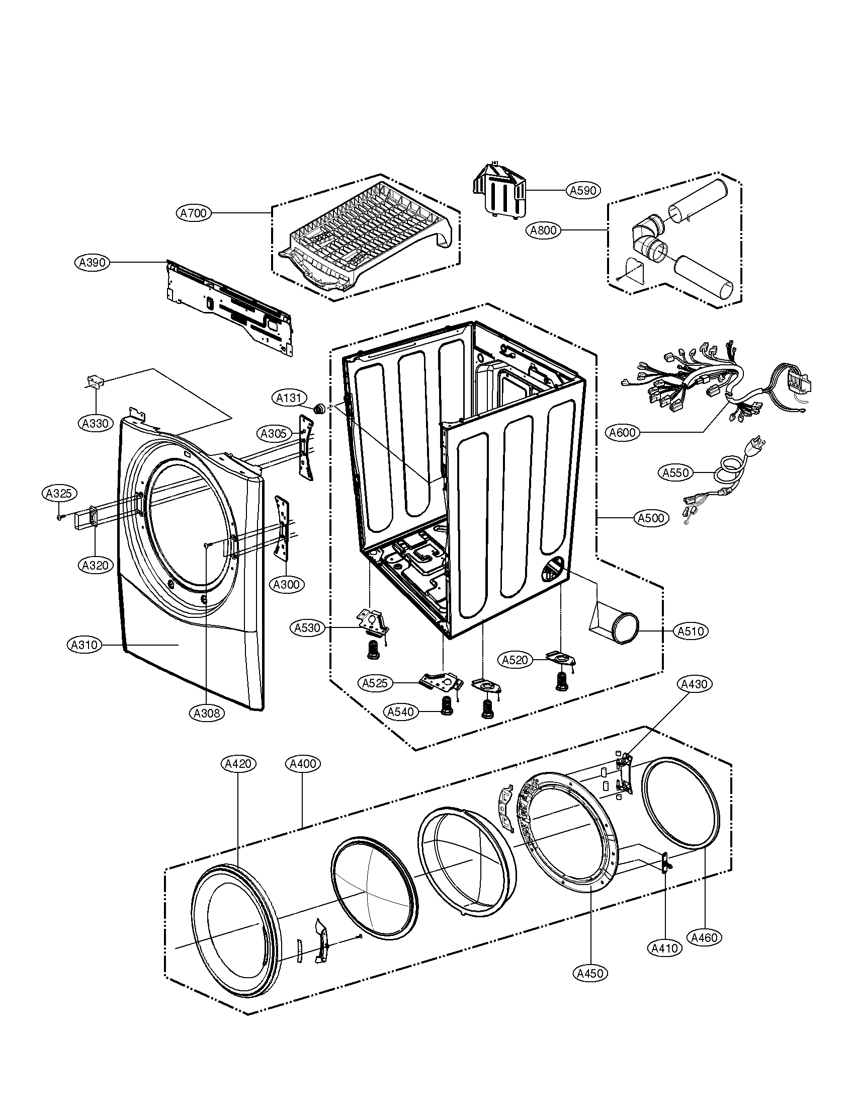 LG DLGX3551W cabinet and door assembly parts diagram