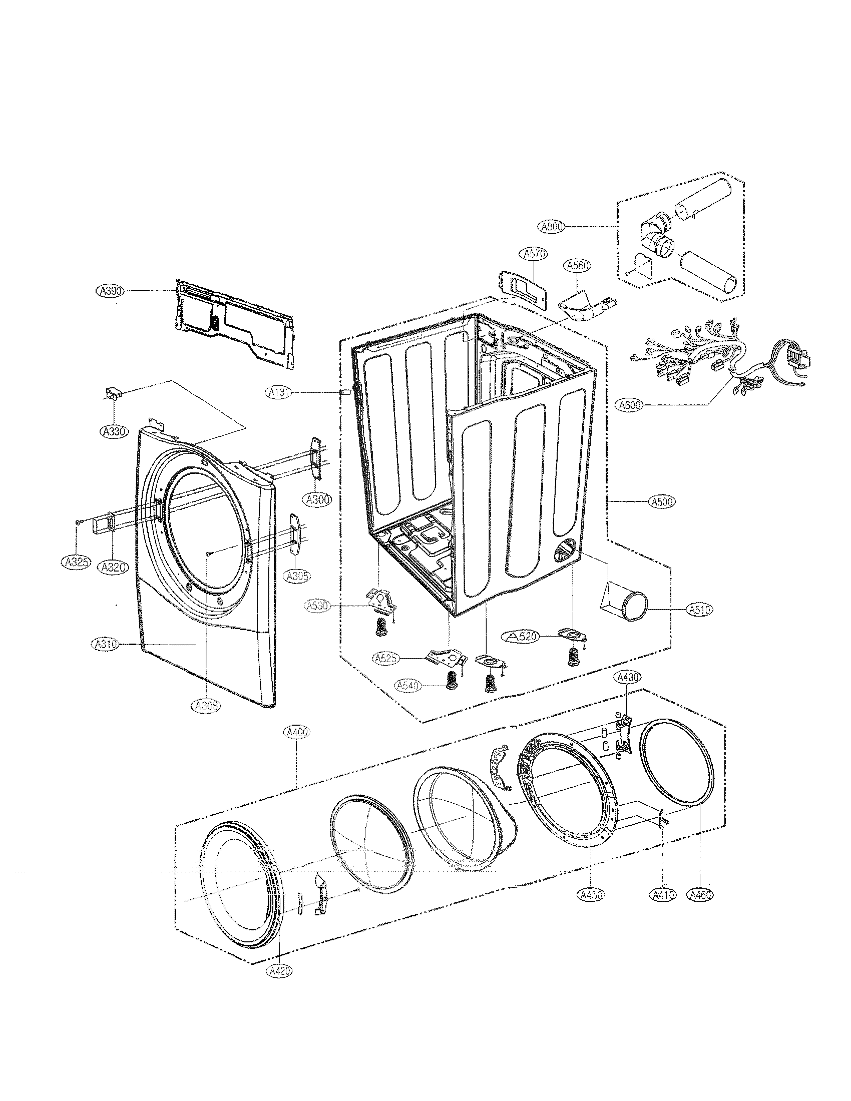 LG DLE2350W cabinet and door assembly parts diagram