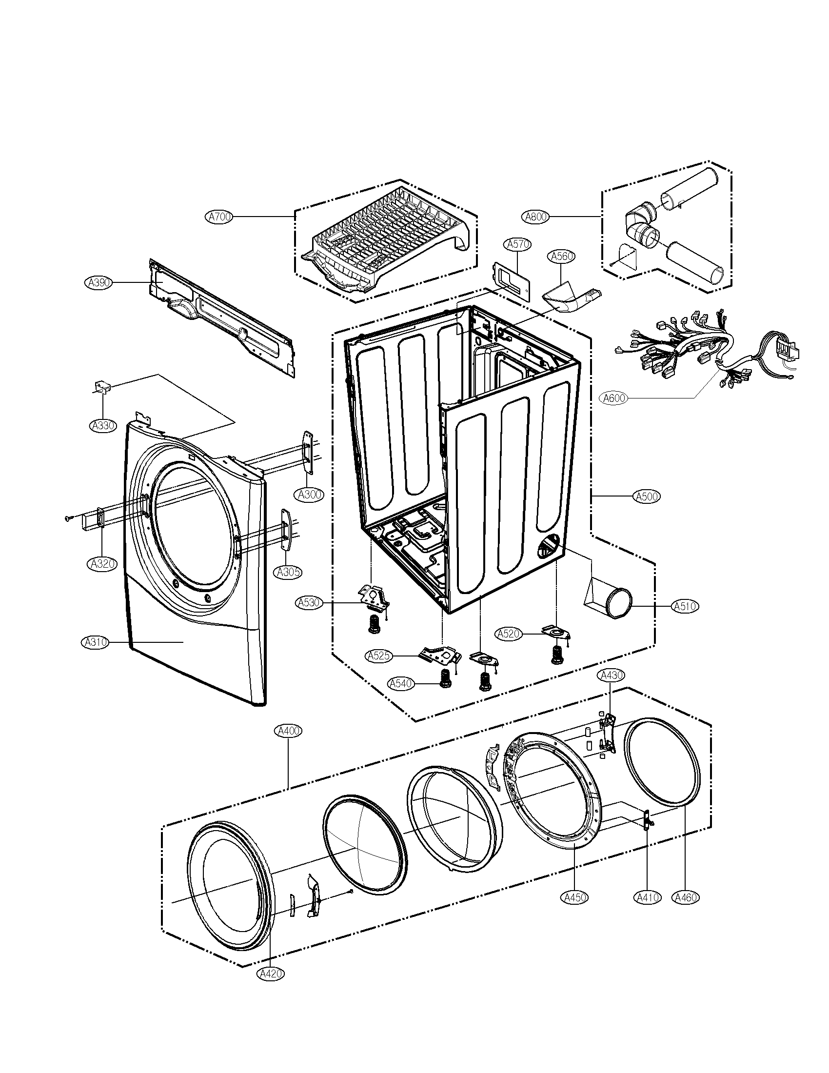 LG DLE7177WM cabinet and door assembly parts diagram