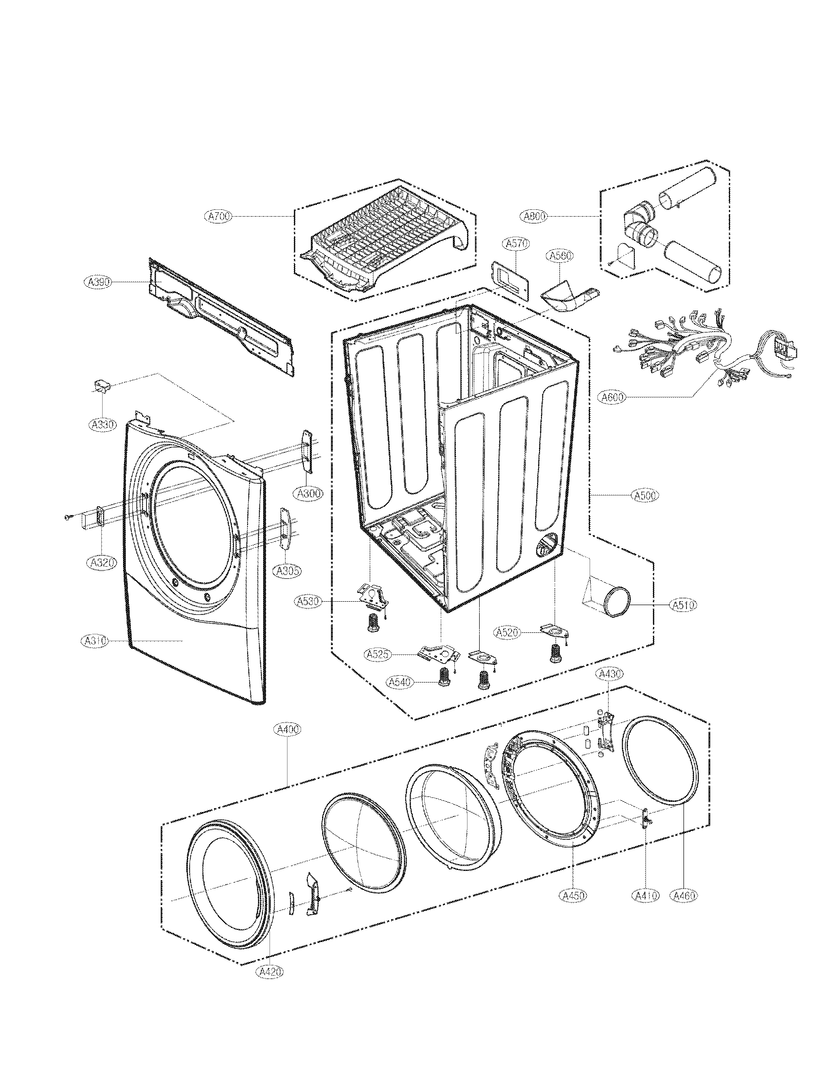 LG DLE8377WM cabinet and door assembly parts diagram