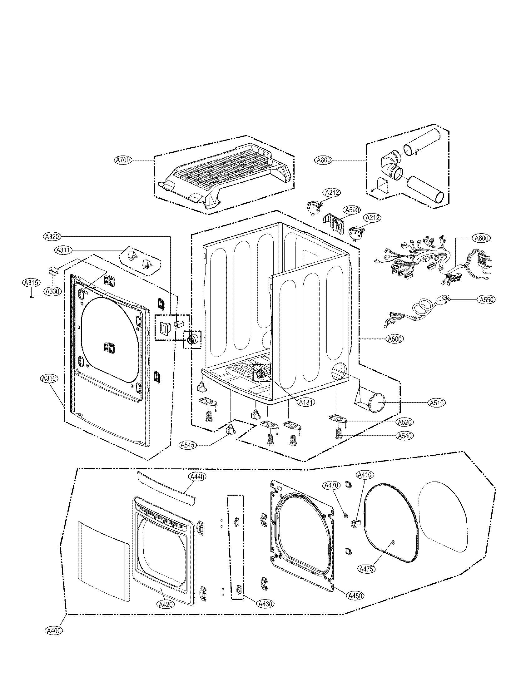 LG DLGX5171W cabinet and door assembly parts diagram