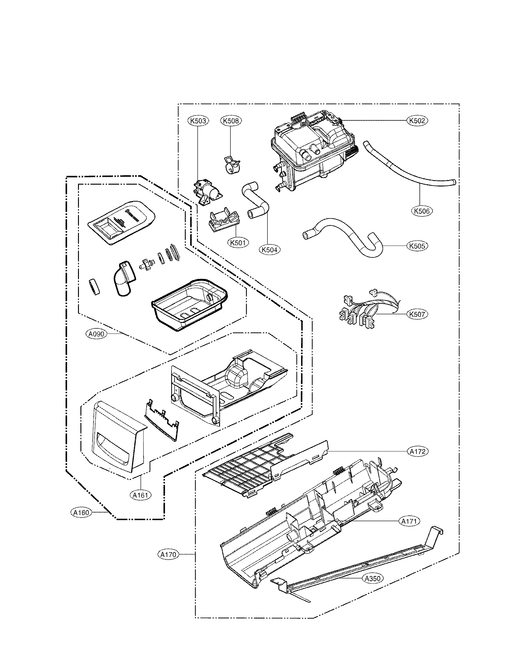 LG DLGX8001W panel drawer assembly and guide assembly parts diagram