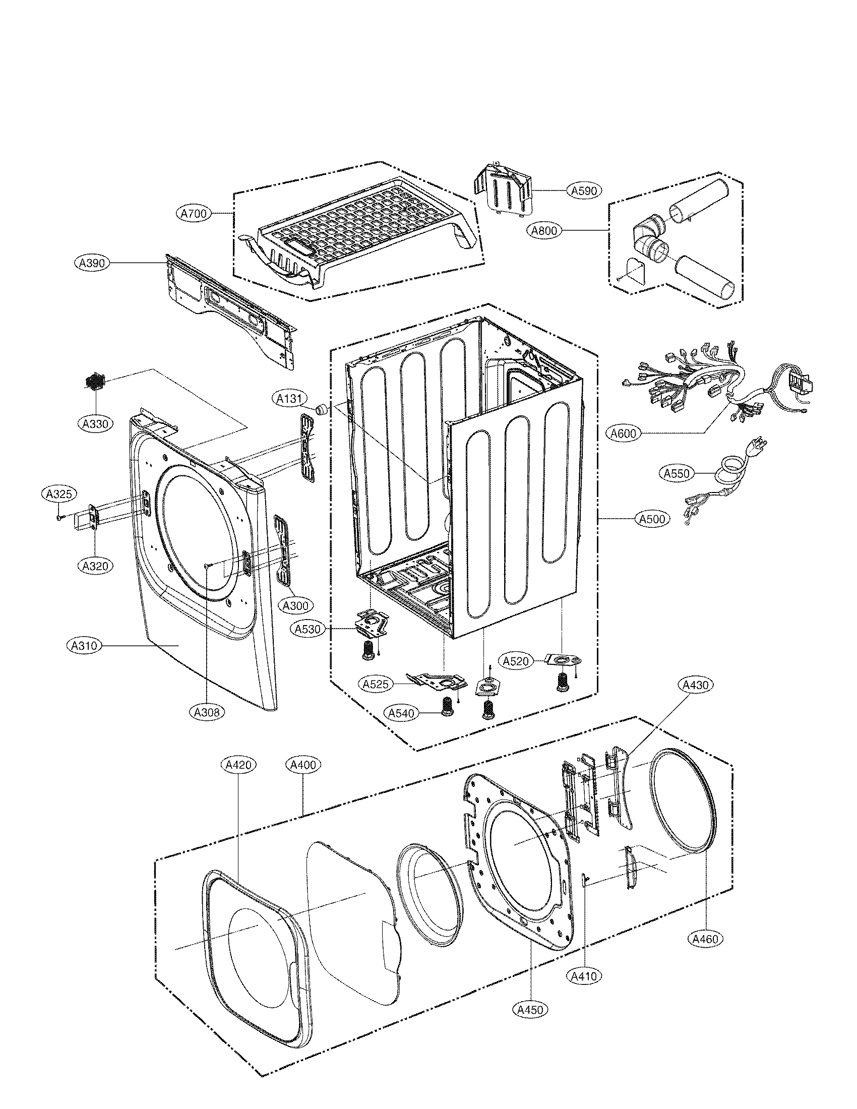 LG DLGX8001W cabinet and door assembly parts diagram