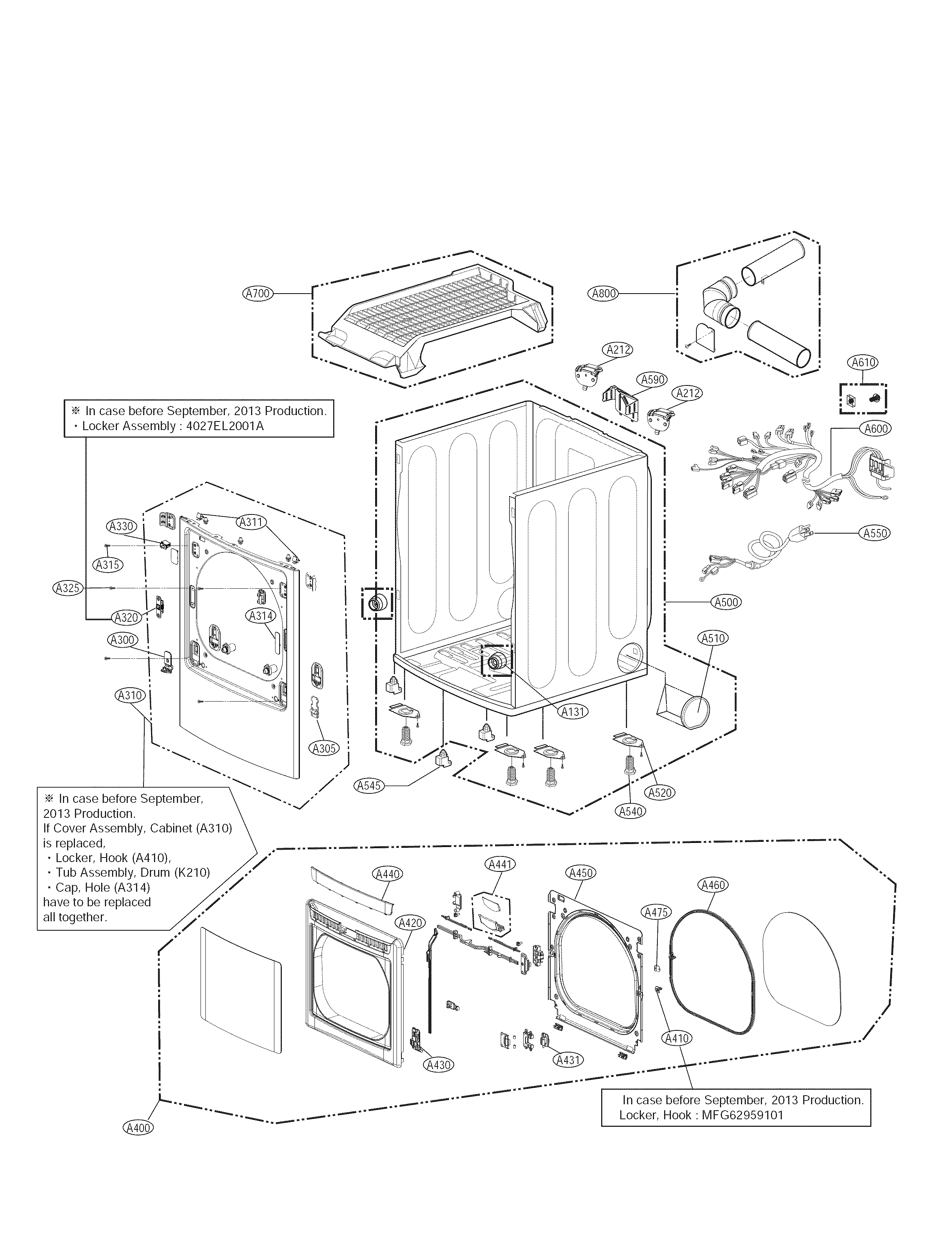 LG DLEX5680W cabinet and door parts diagram