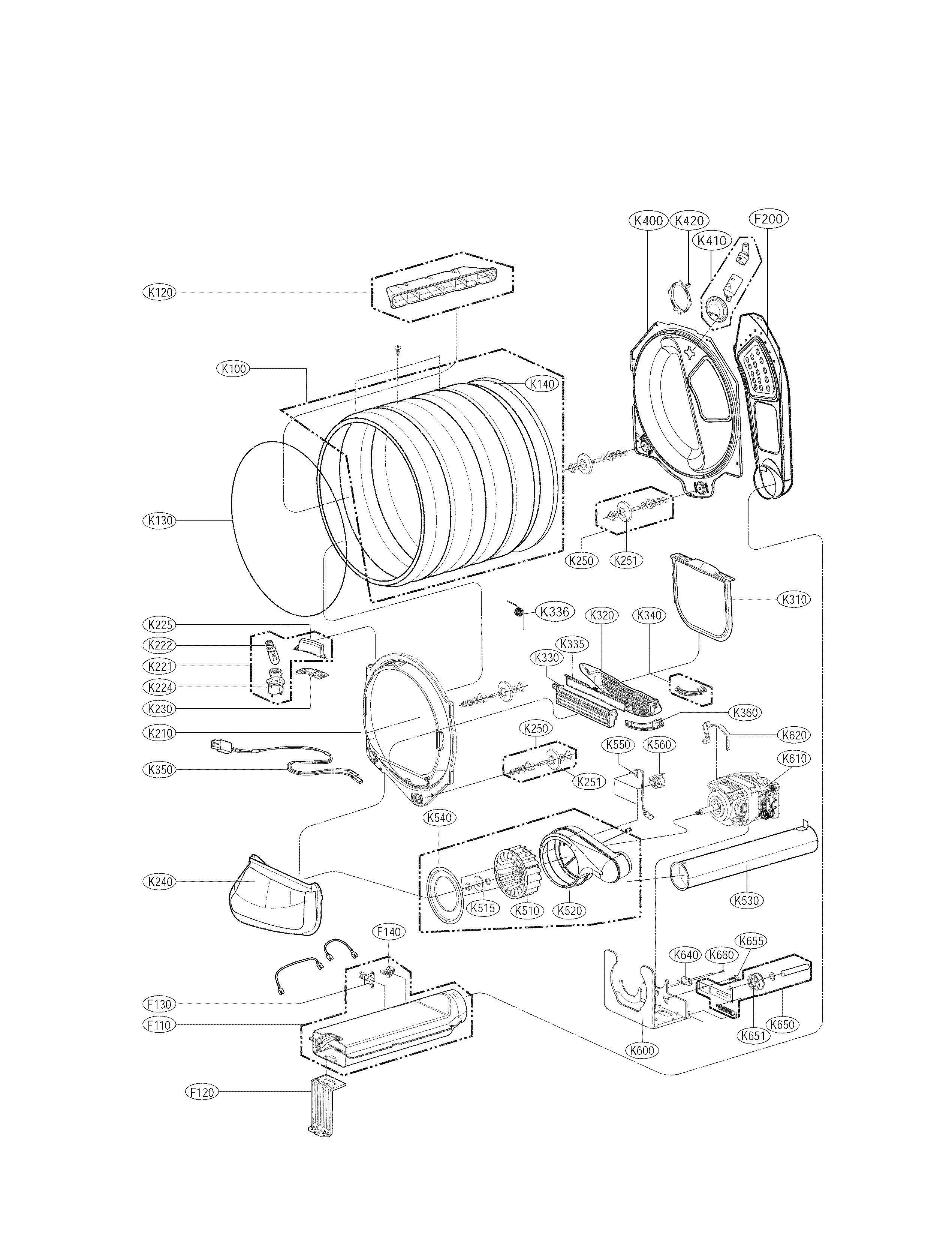 LG DLEX5680W drum and motor parts diagram