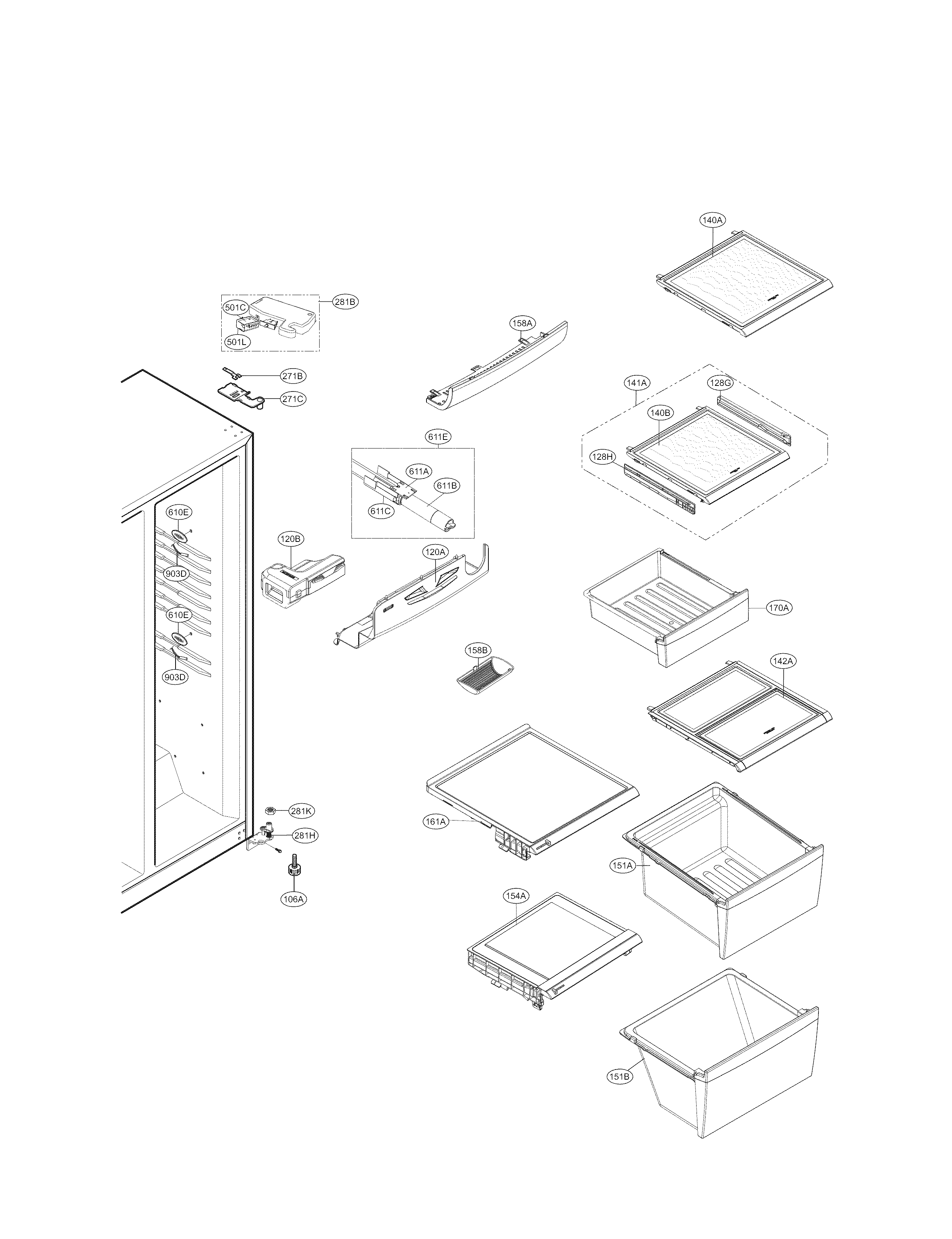 Kenmore Elite 79551379012 refrigerator compartment parts diagram