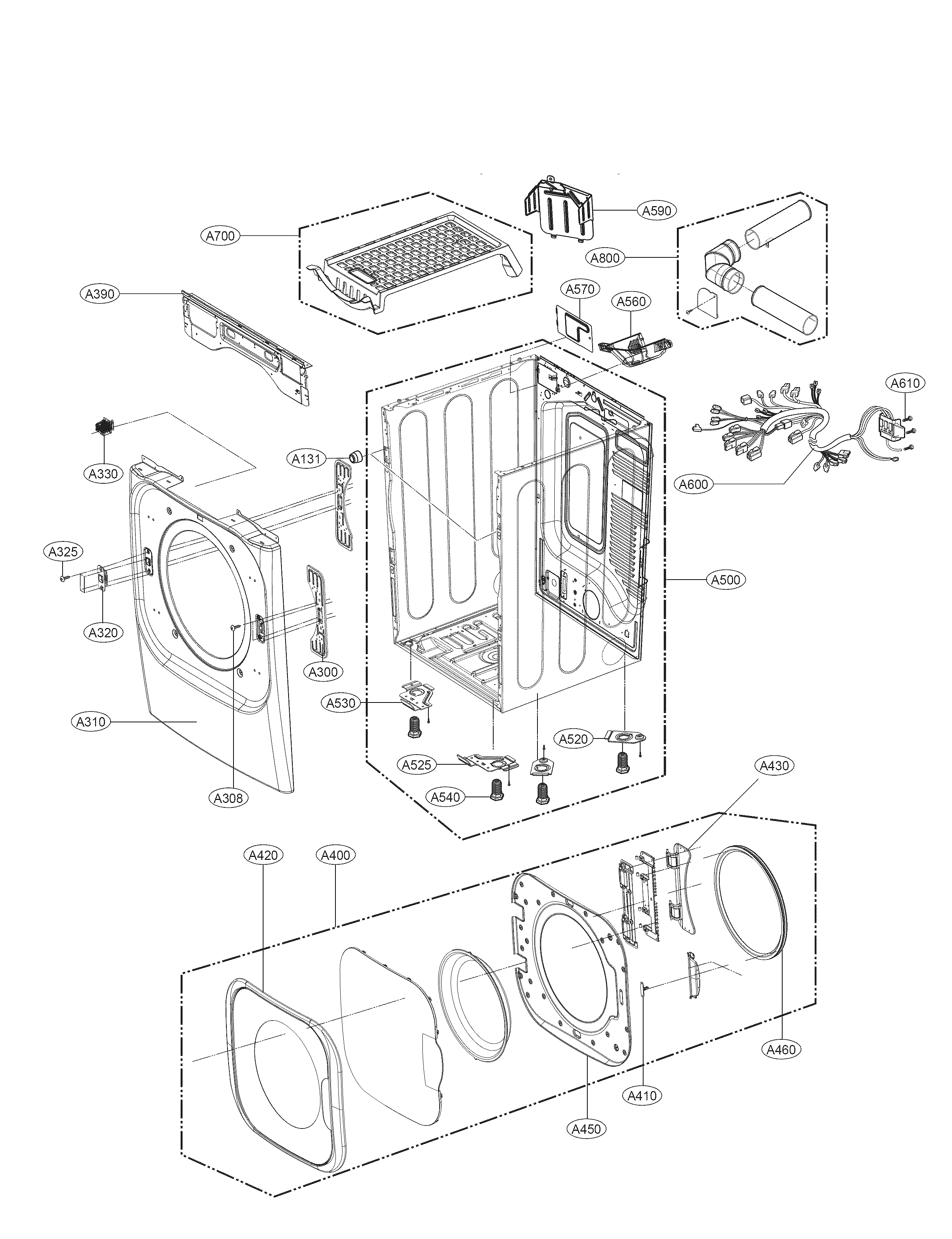 LG DLEX8500V cabinet and door parts diagram