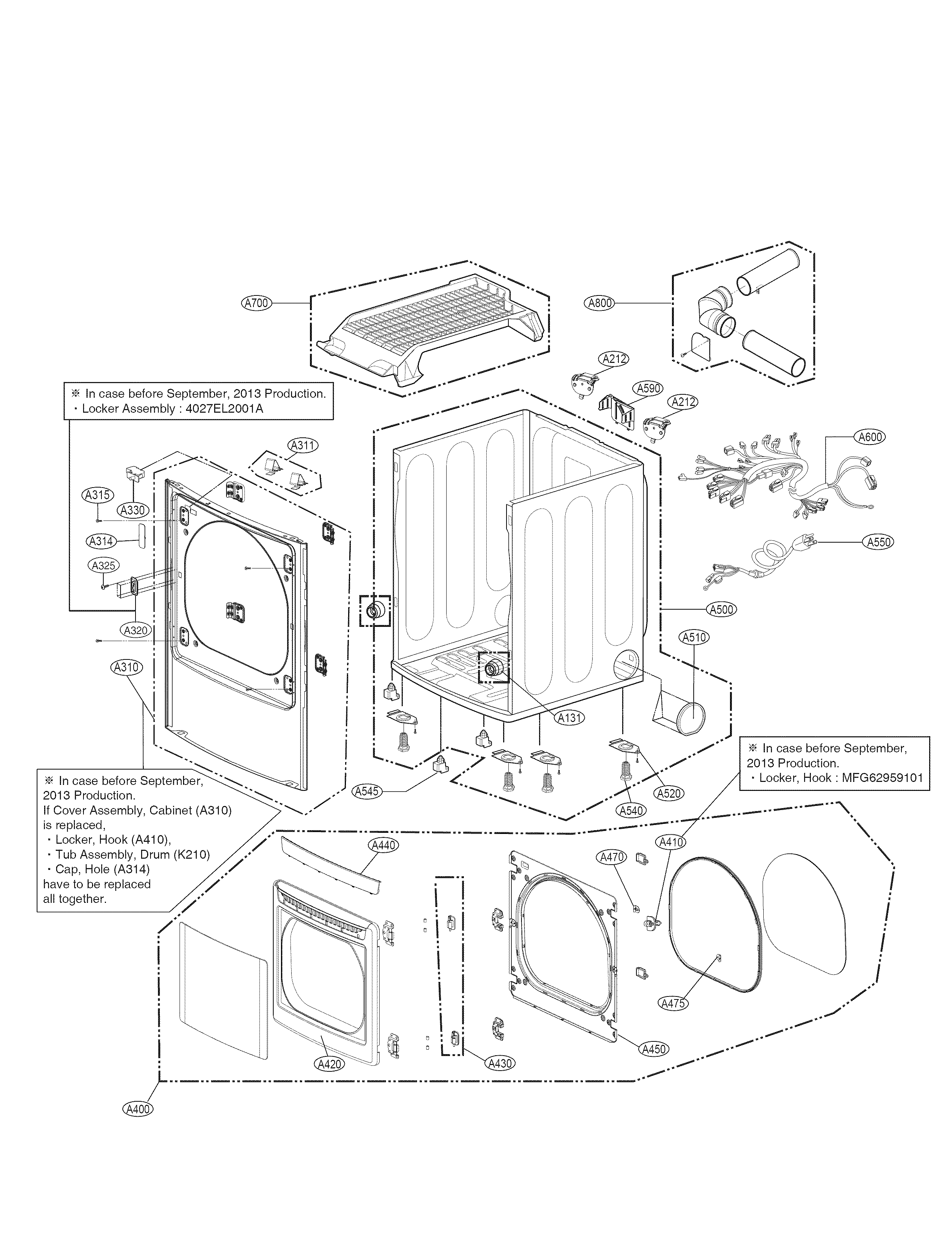 LG DLGX5681W cabinet and door parts diagram