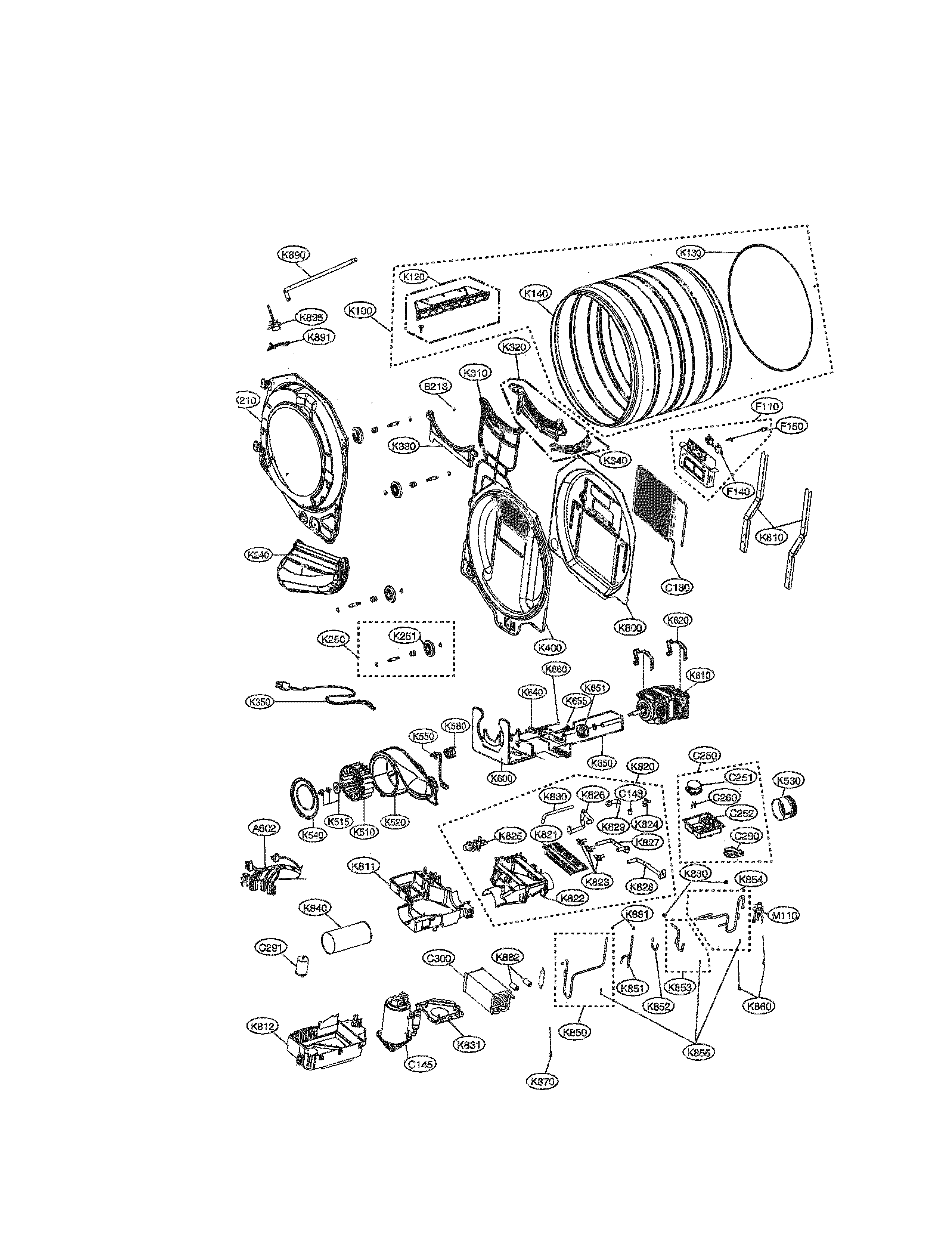 LG DLHX4072W drum and module parts diagram