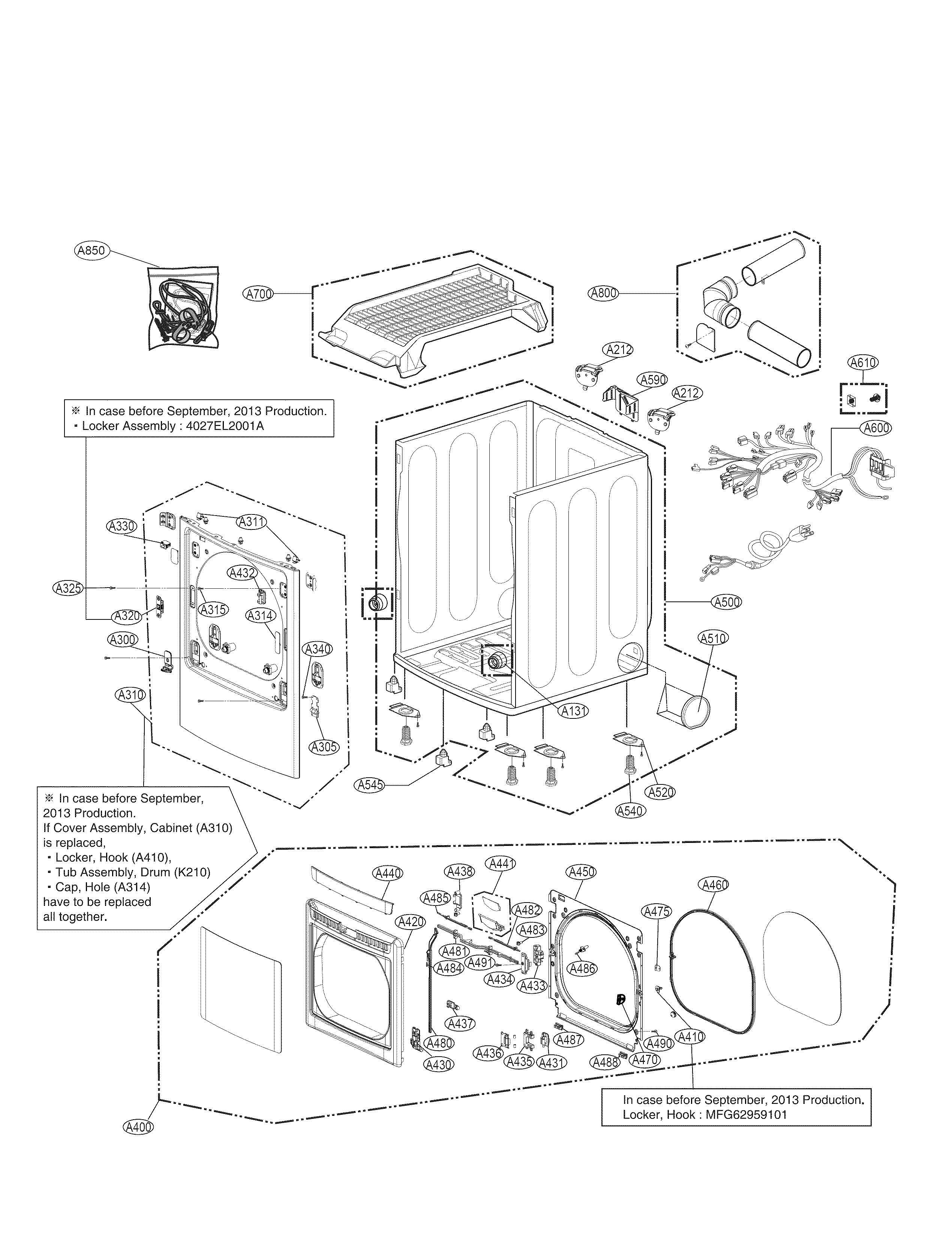 LG DLEX5780WE cabinet and door parts diagram