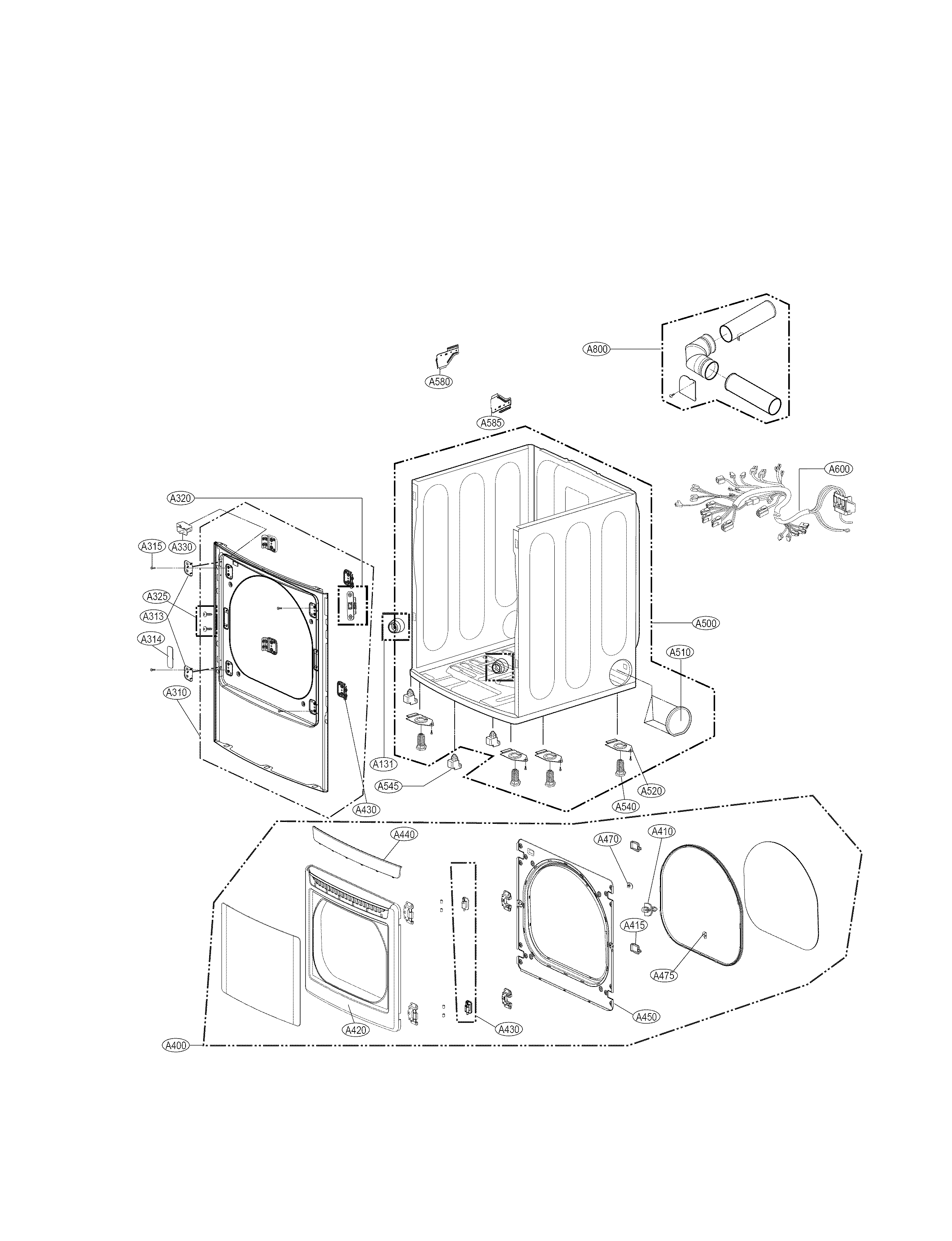LG DLE1501W cabinet and door parts diagram