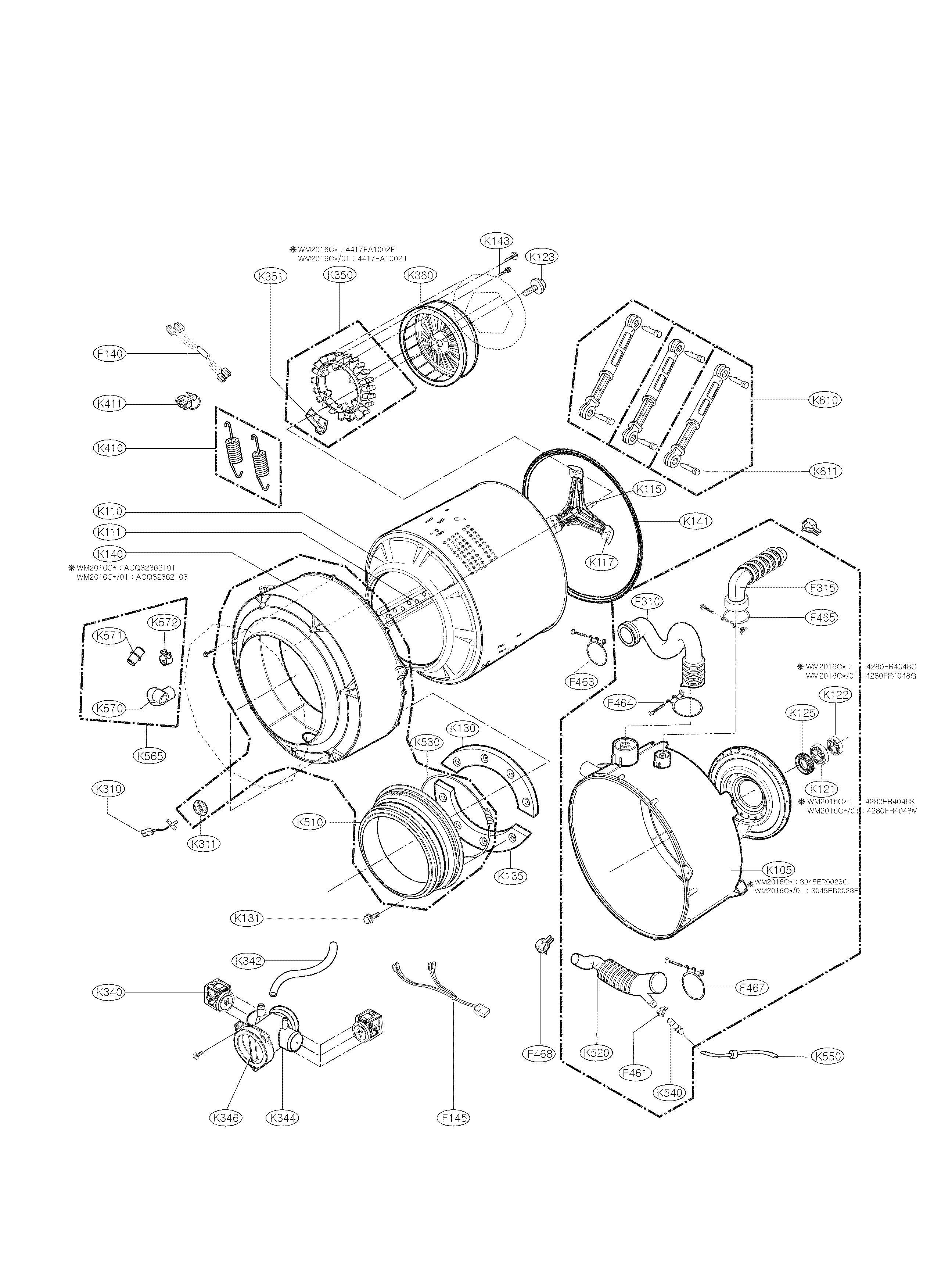 LG WM2016CW/00 drum and tub parts diagram