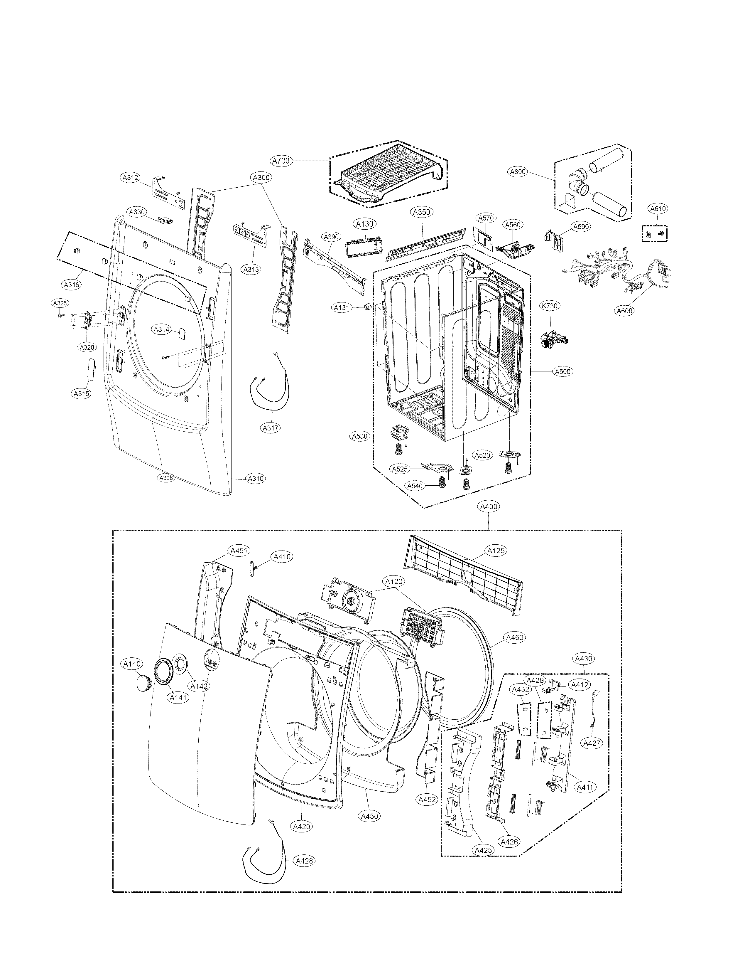 LG DLEX5000V cabinet and door parts diagram
