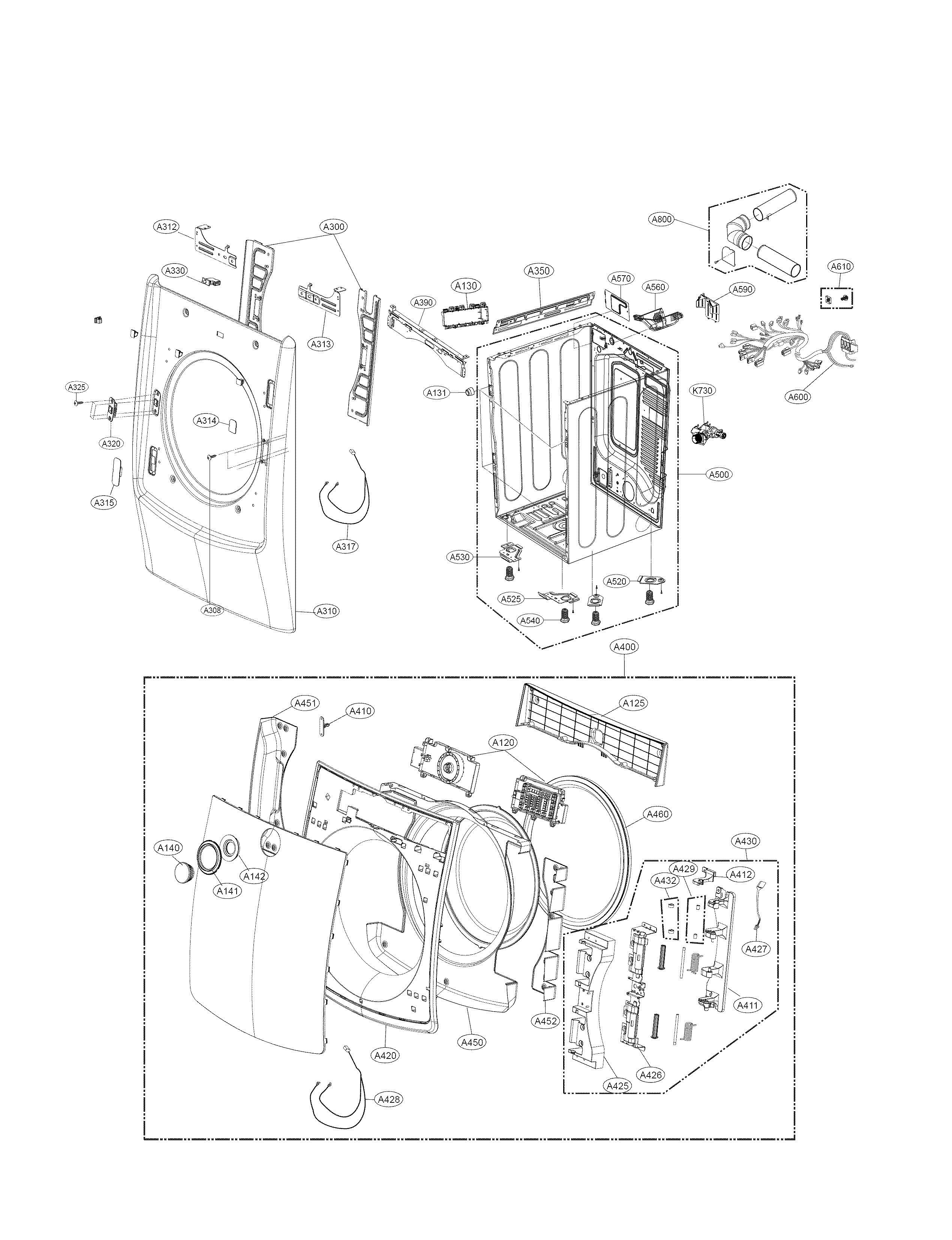 LG DLEX5000W cabinet and door parts diagram