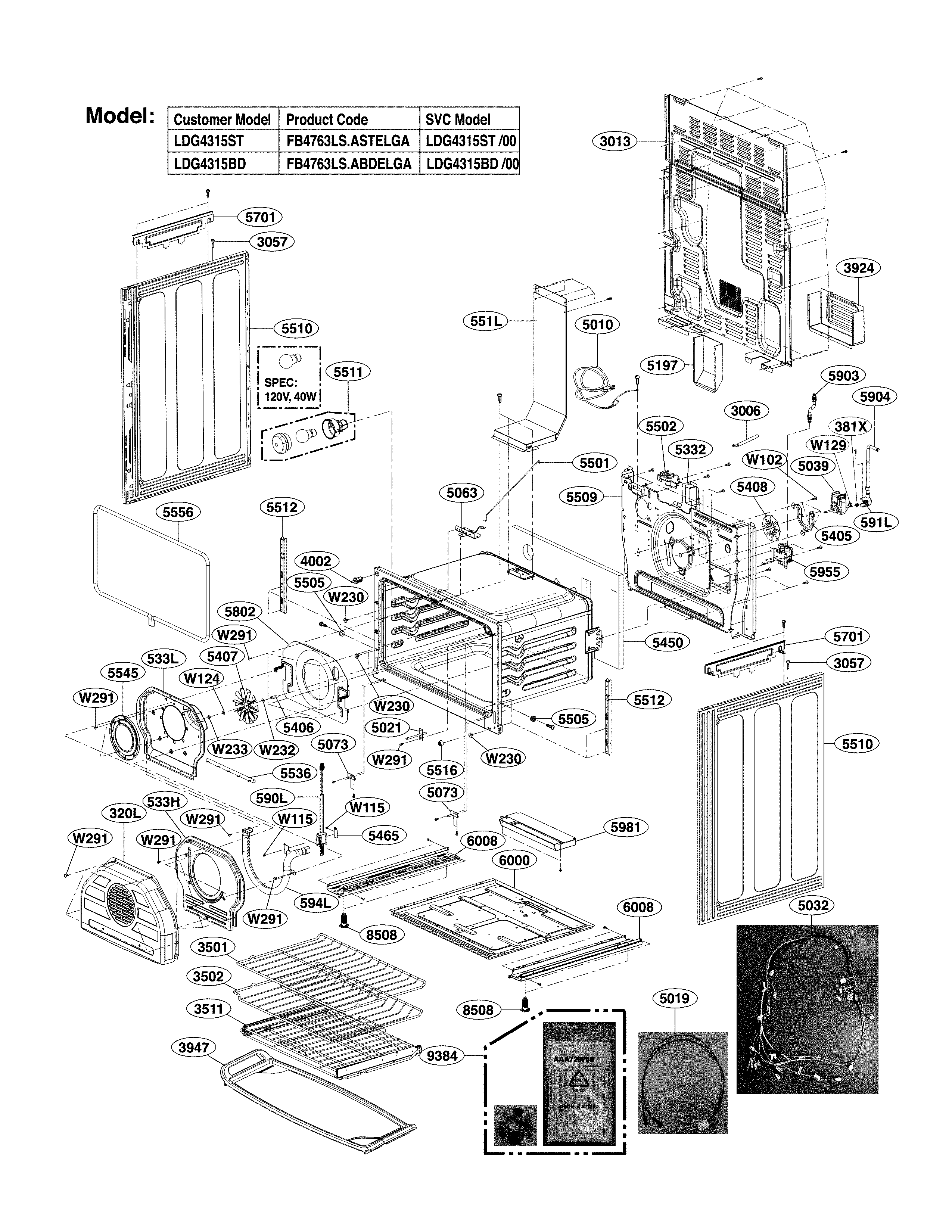 LG LDG4315BD lower cavity parts diagram