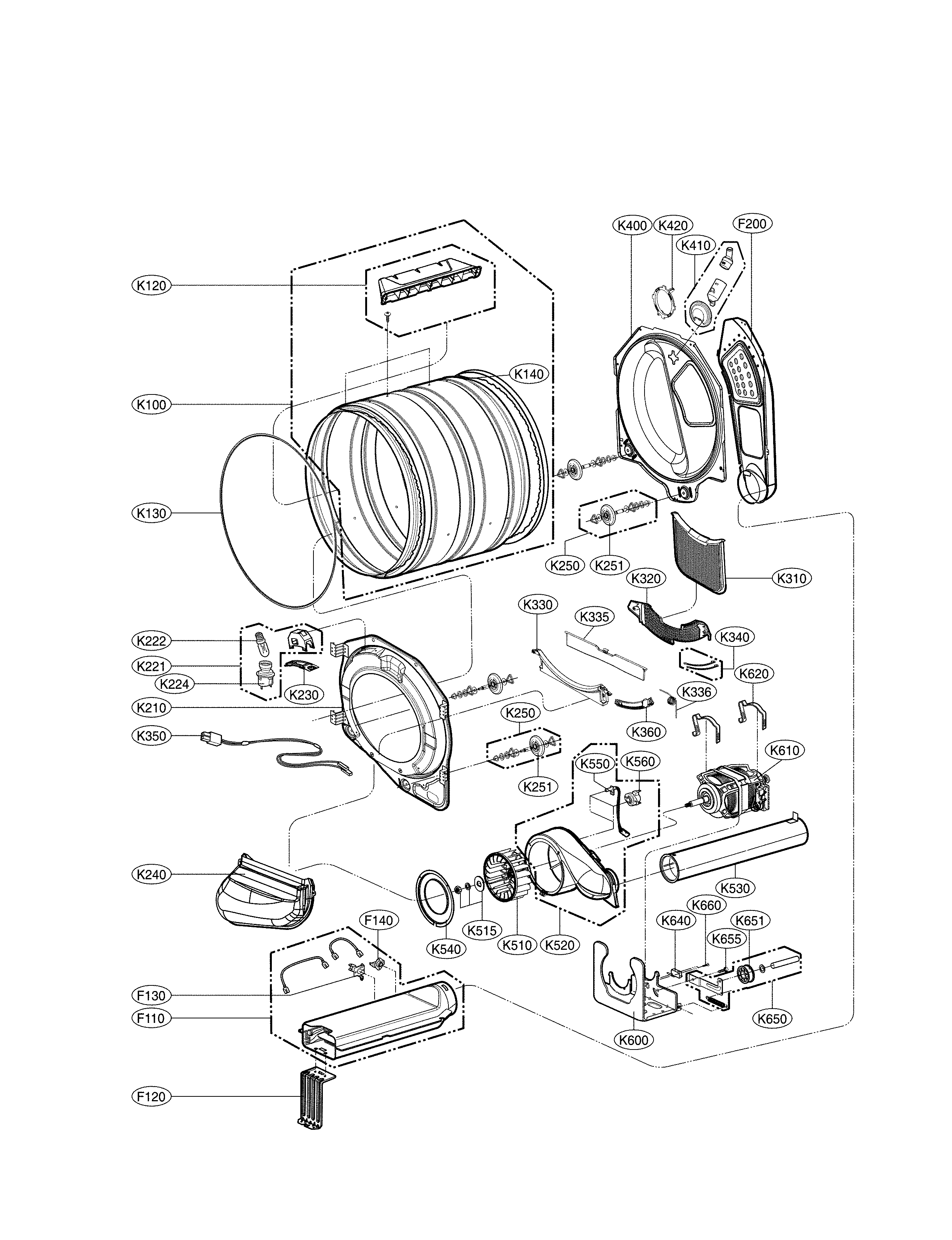 LG DLEX3570W/00 drum and motor parts diagram