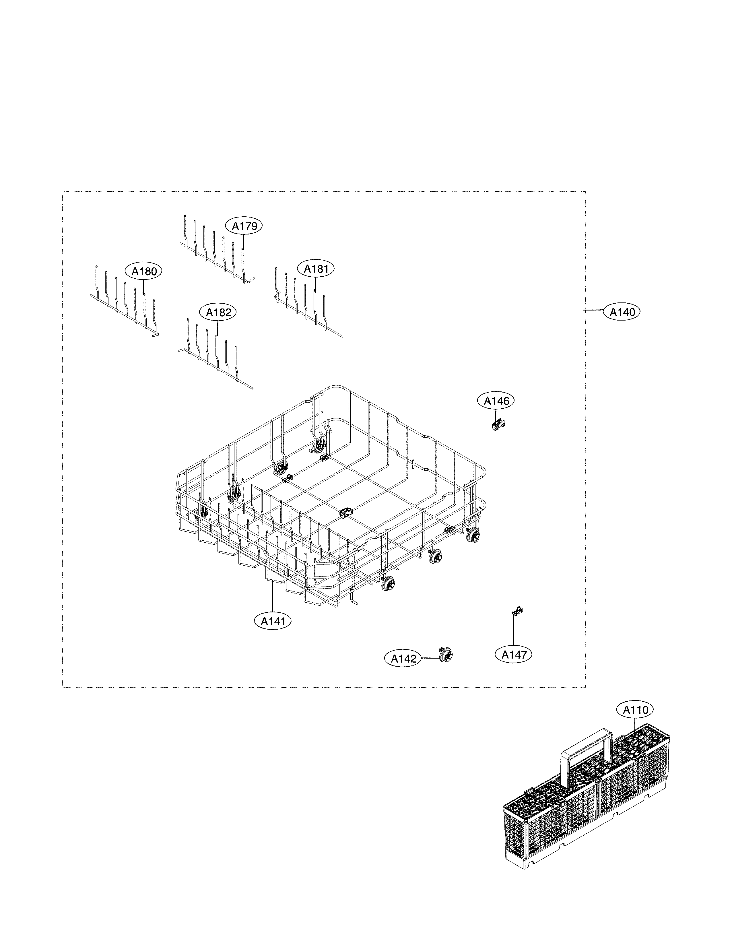 LG LDF5545ST/00 lower rack assembly parts diagram