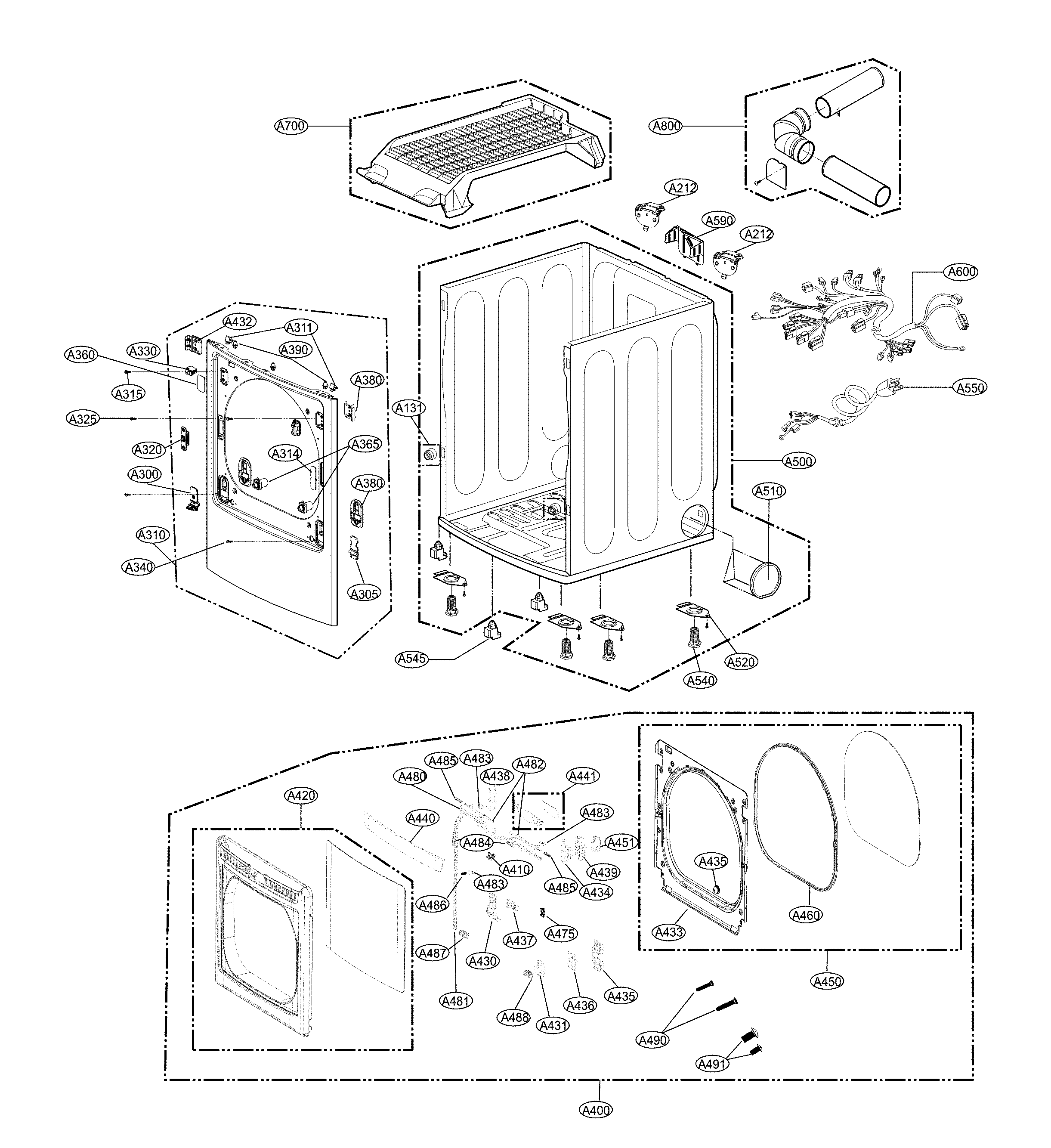 LG DLGX7601WE panel and drawer parts diagram