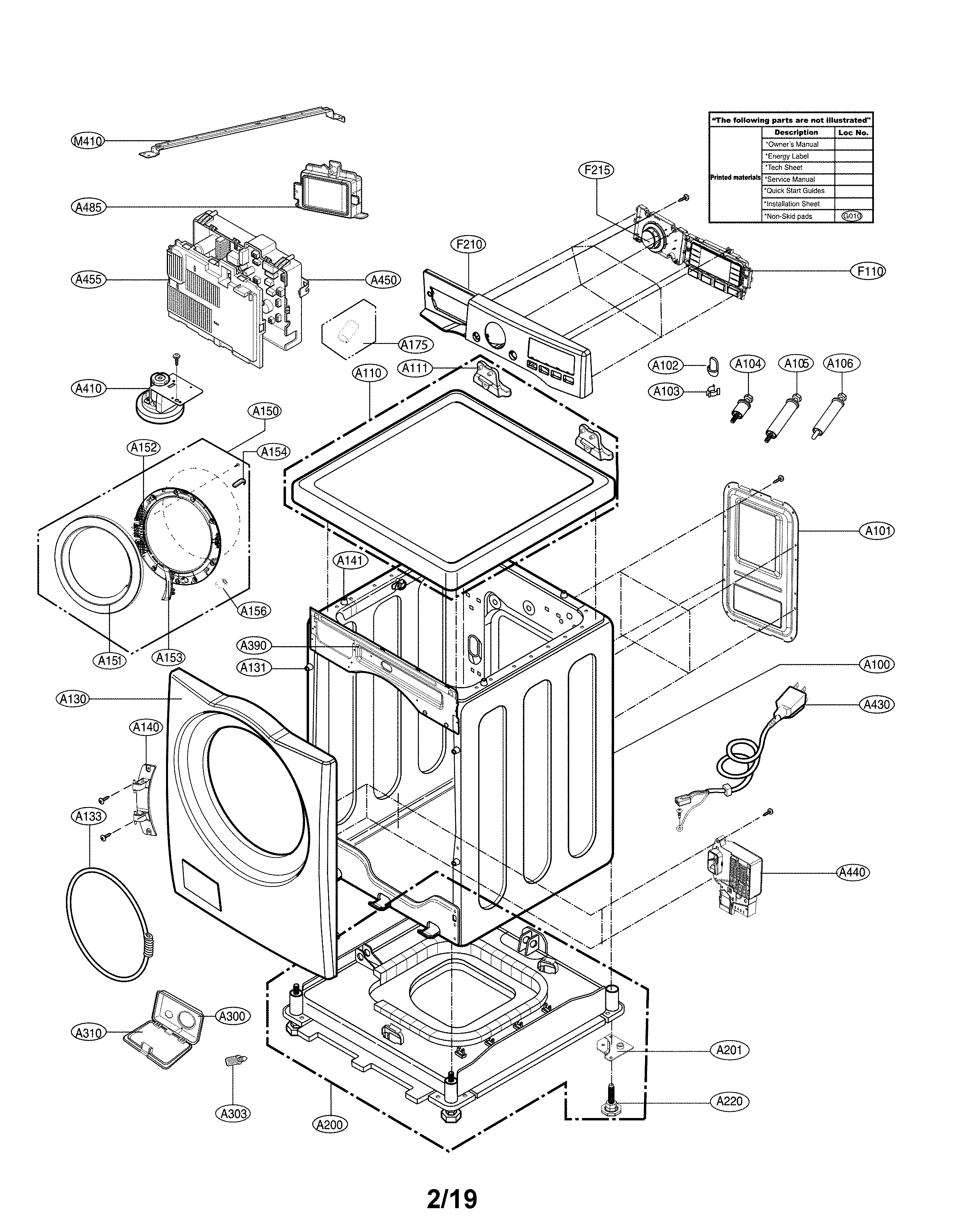 LG WM3500CW/00 cabinet and control panel diagram