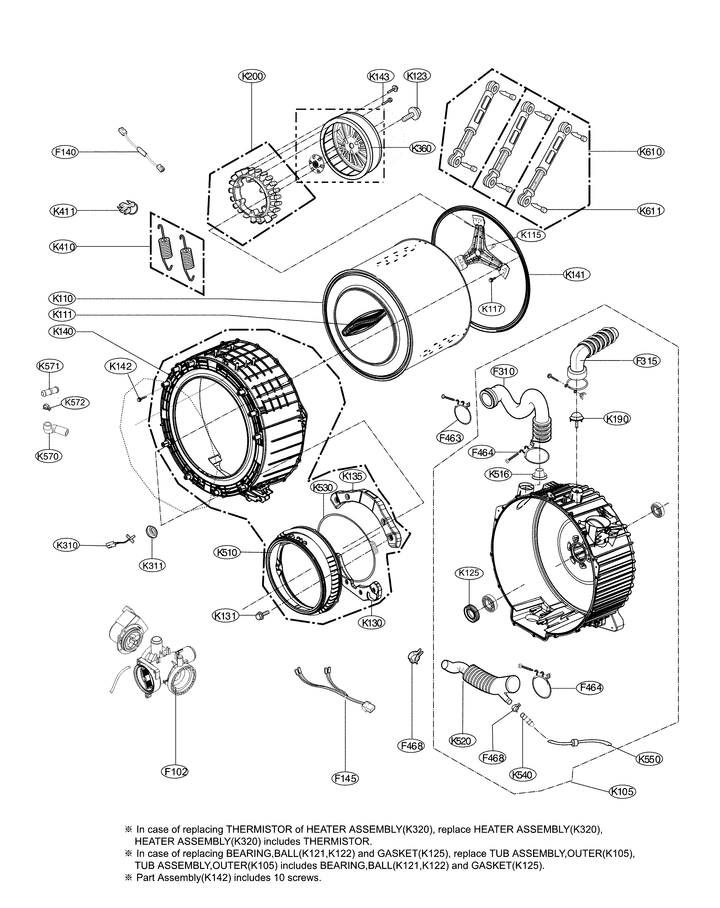 LG WM3500CW/00 drum and tub assembly diagram