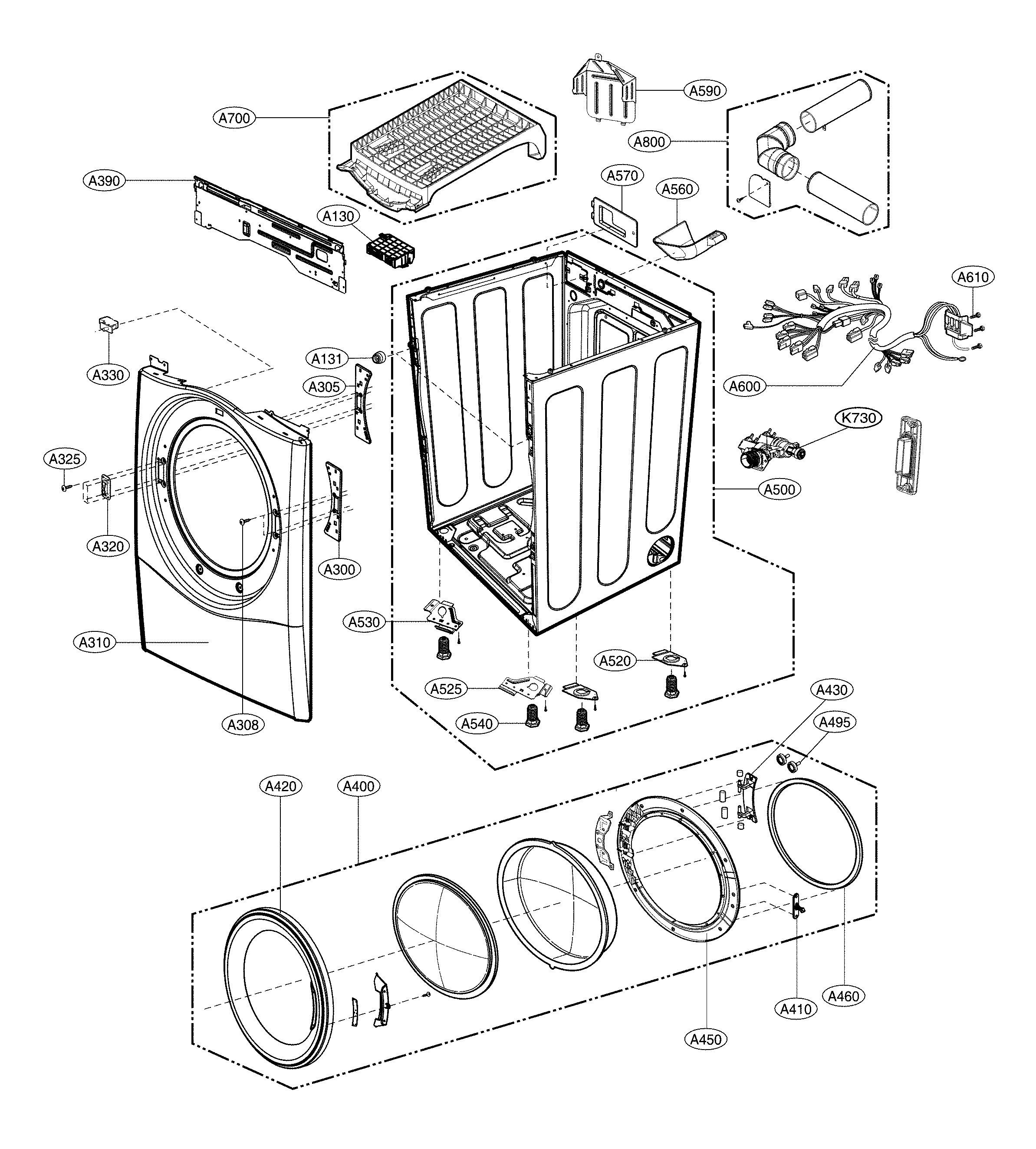 LG DLEX3700W/00 cabinet and door assembly diagram