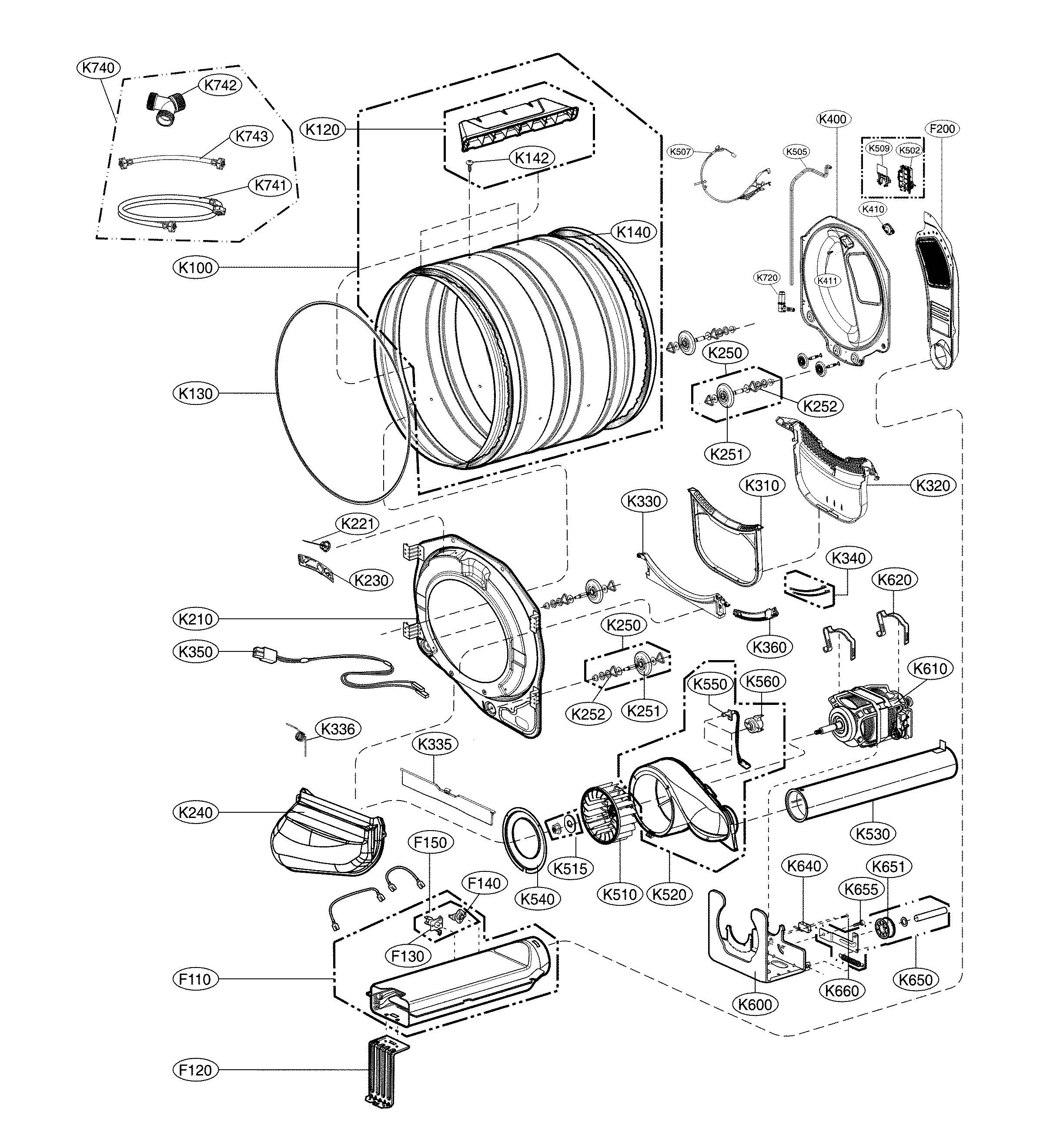 LG DLEX3700W/00 drum and motor assembly diagram