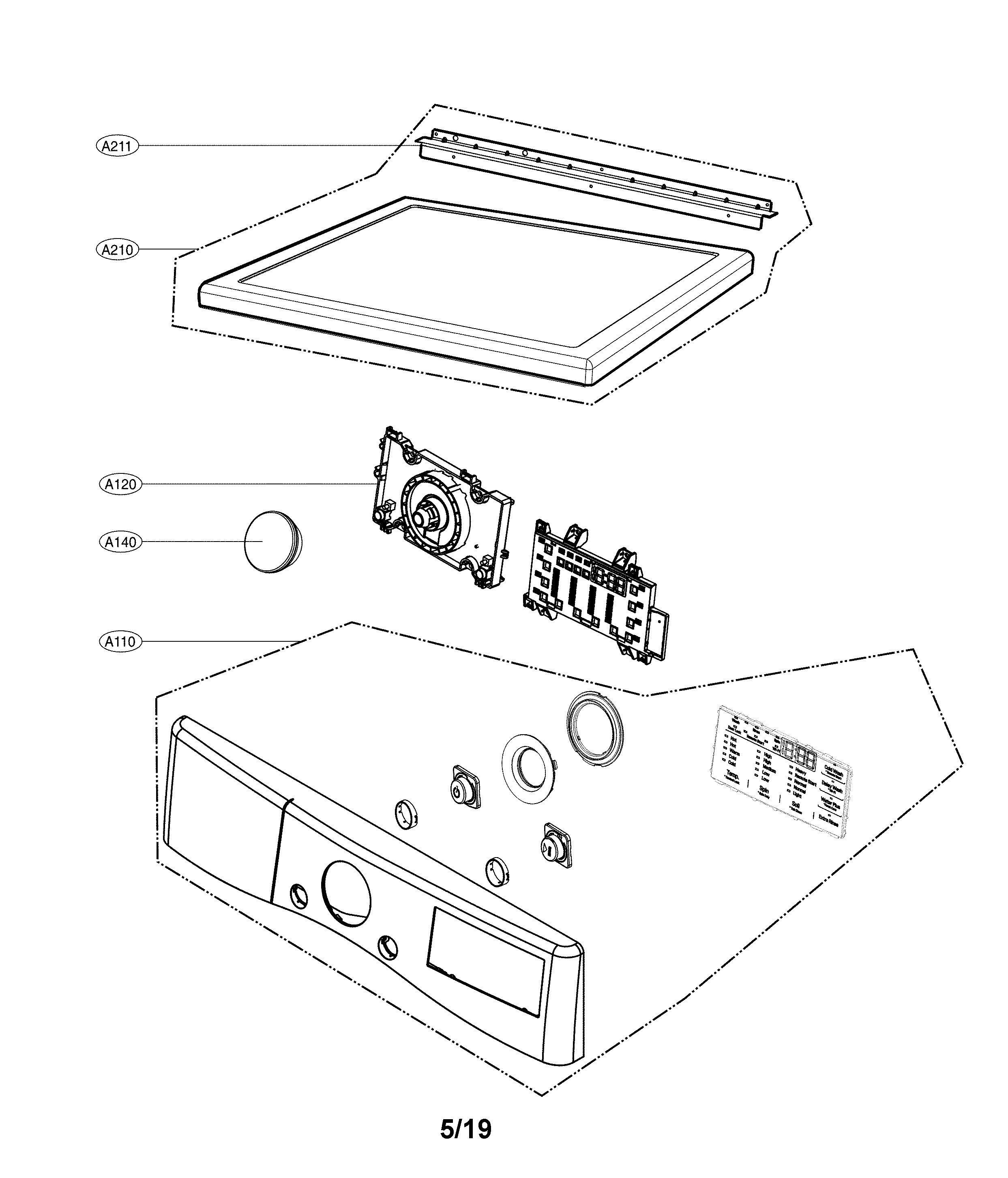LG DLE3500W/00 control panel and plate assembly diagram