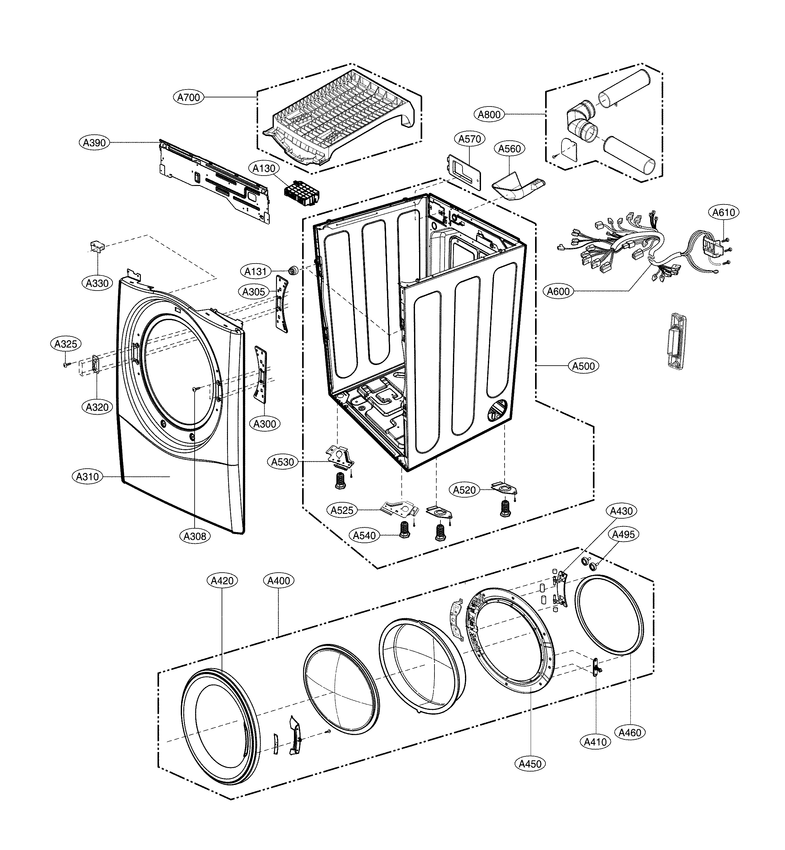 LG DLE3500W/00 cabinet and door assembly diagram