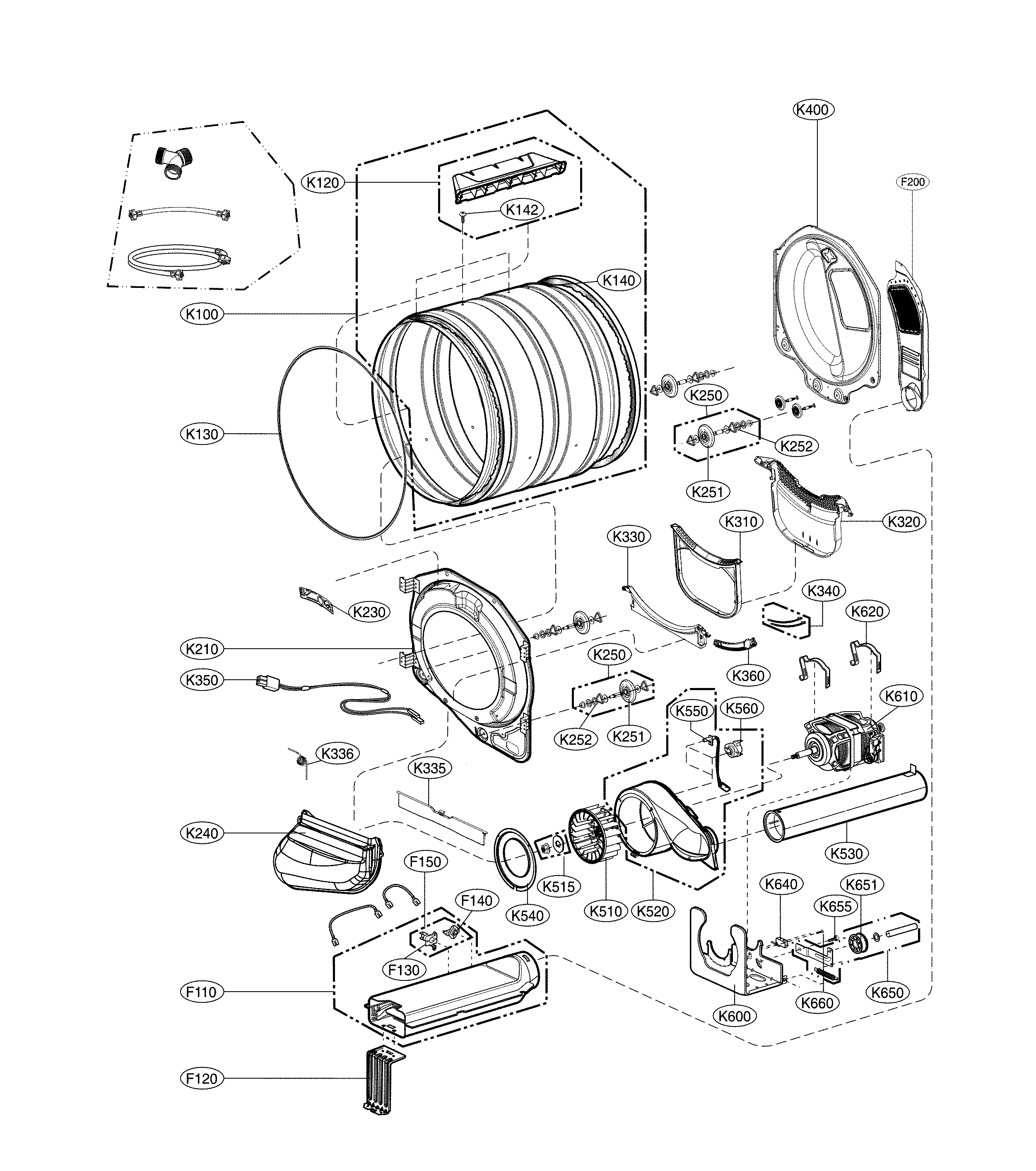 LG DLE3500W/00 drum and motor assembly diagram